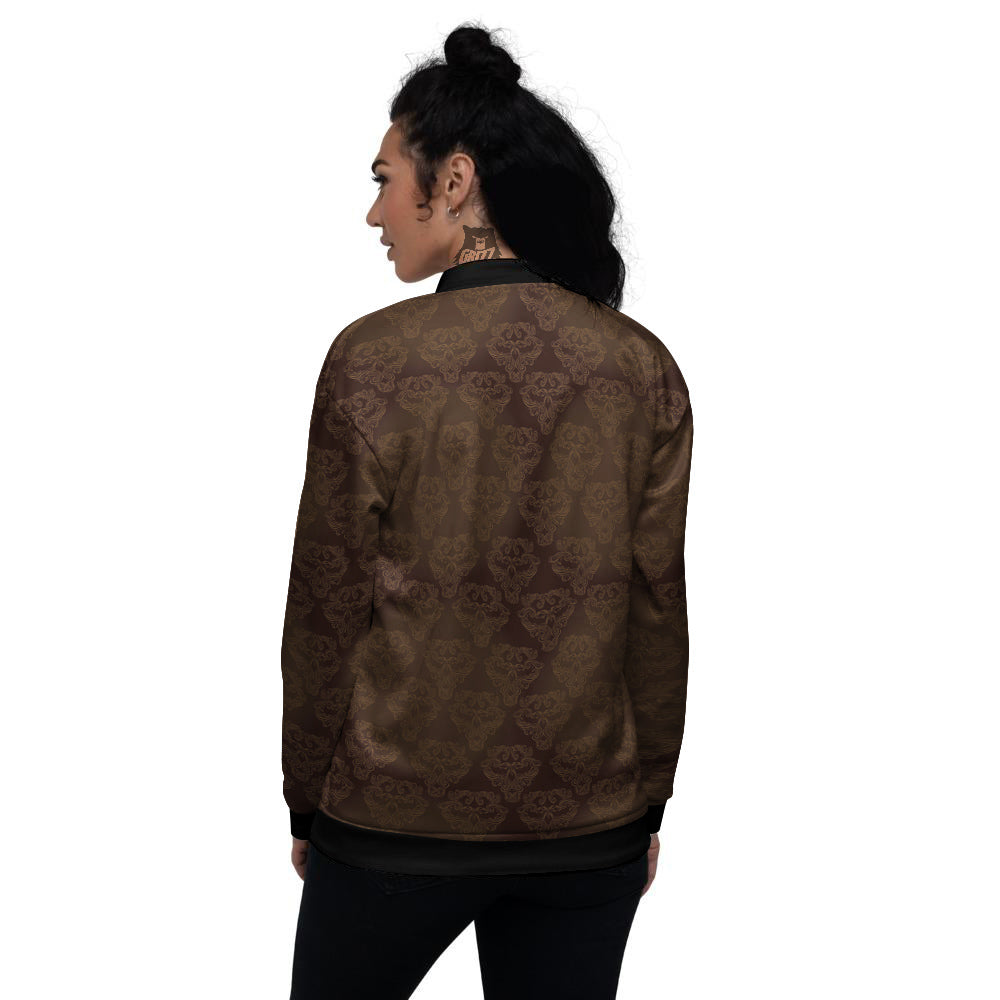 Western Damask Dark Brown Print Women's Bomber Jacket-grizzshop