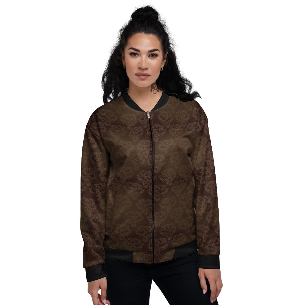 Western Damask Dark Brown Print Women's Bomber Jacket-grizzshop