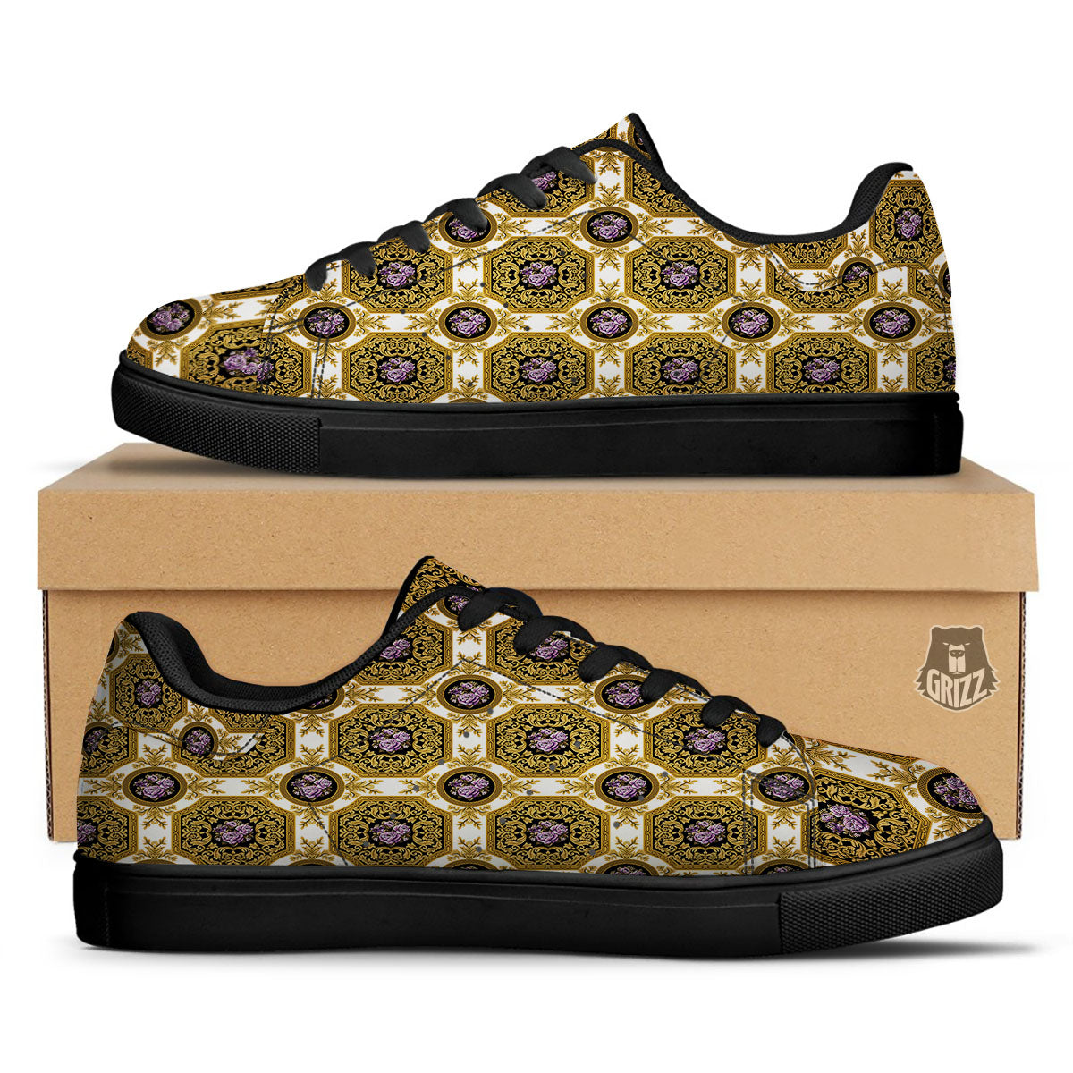 Western Damask Ornamental Print Black Low Top Sneakers-grizzshop