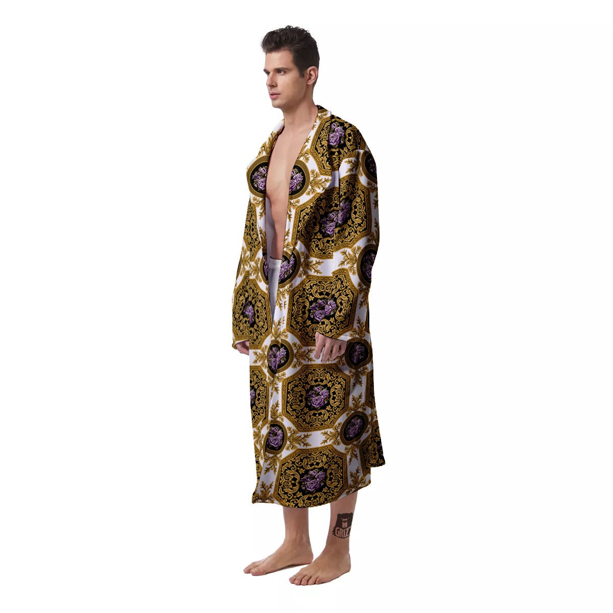 Western Damask Ornamental Print Men's Robe-grizzshop