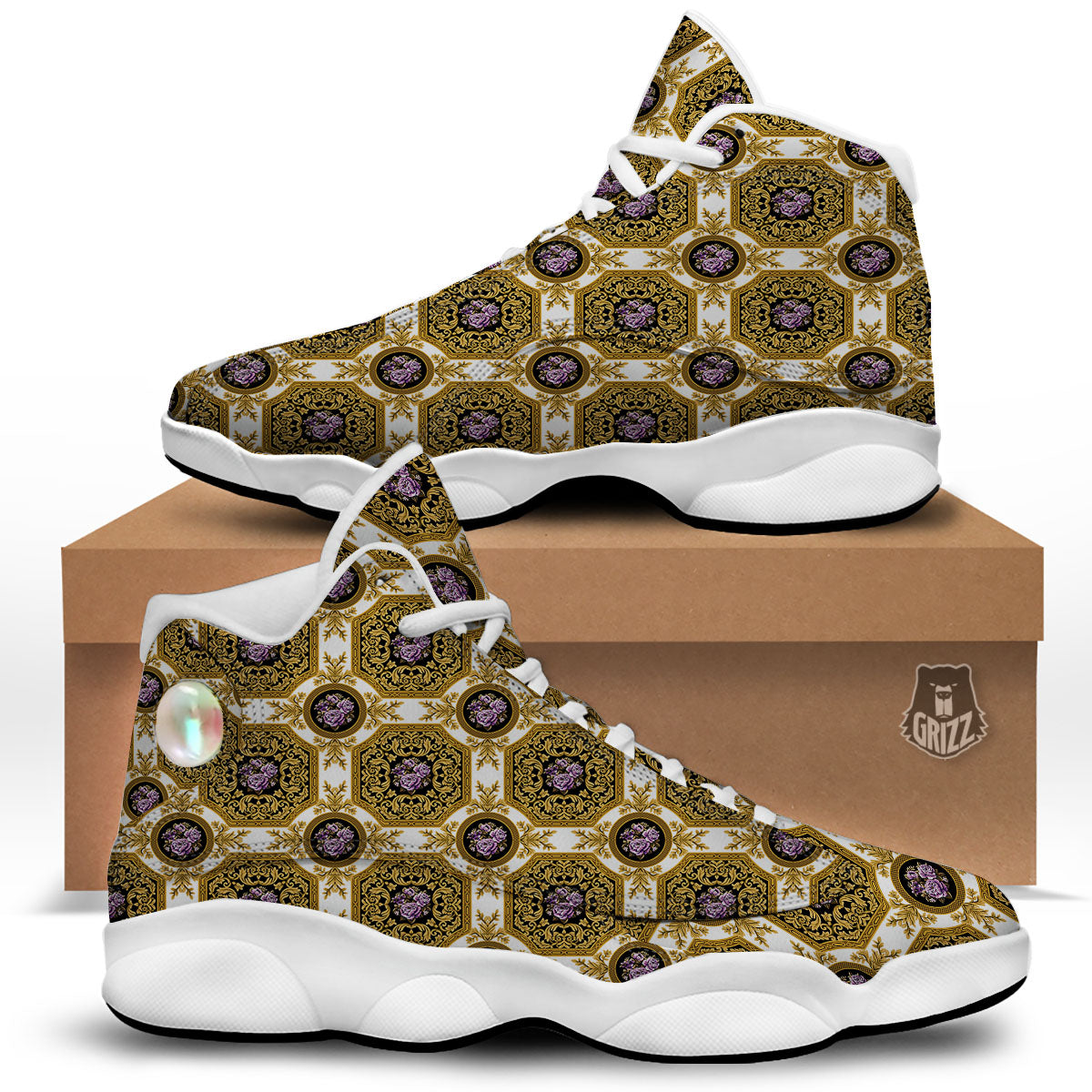 Western Damask Ornamental Print White Basketball Shoes-grizzshop