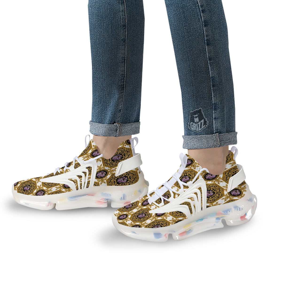 Western Damask Ornamental Print White Gym Shoes-grizzshop