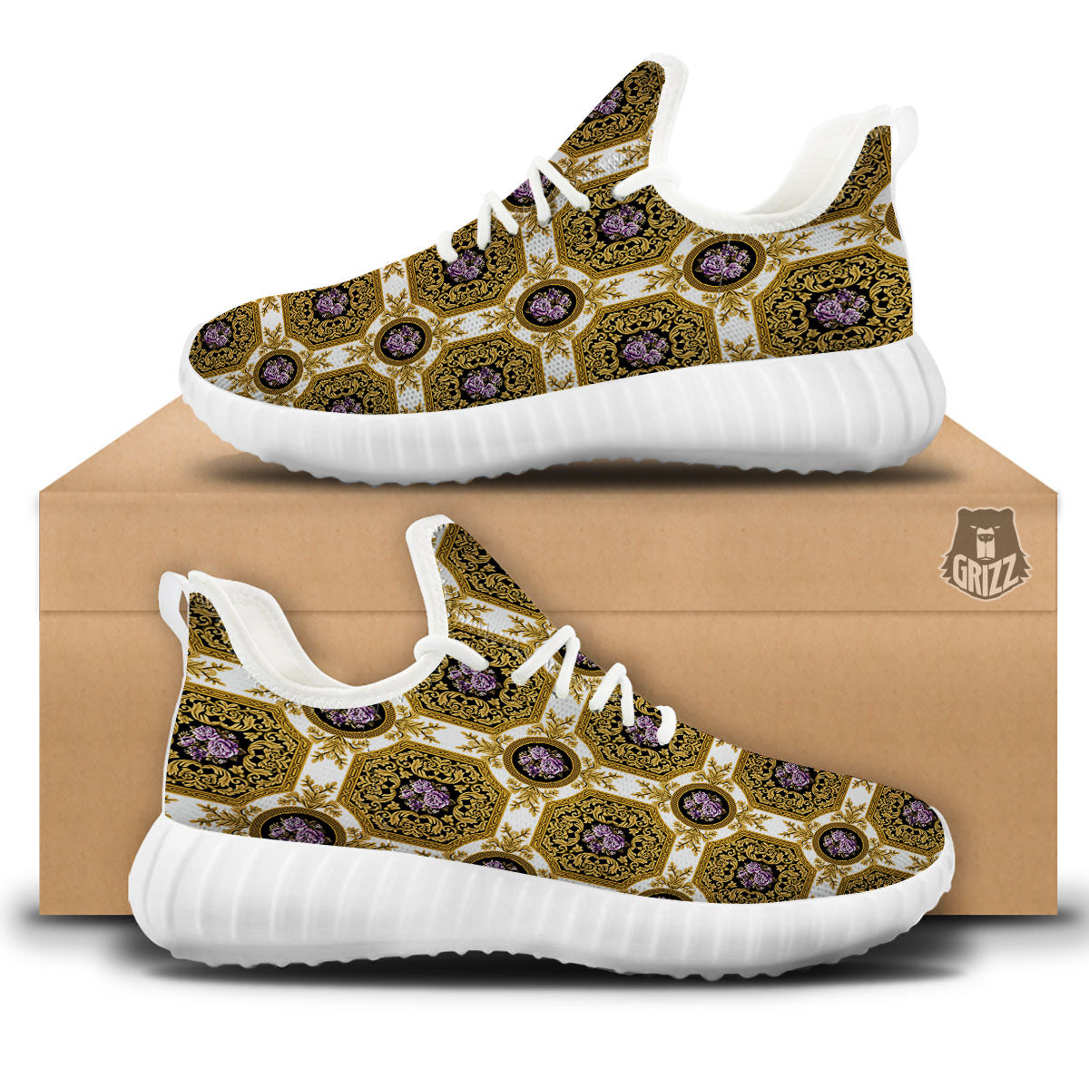 Western Damask Ornamental Print White Walking Shoes-grizzshop
