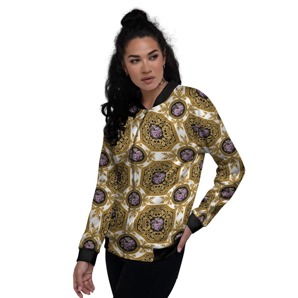 Western Damask Ornamental Print Women's Bomber Jacket-grizzshop