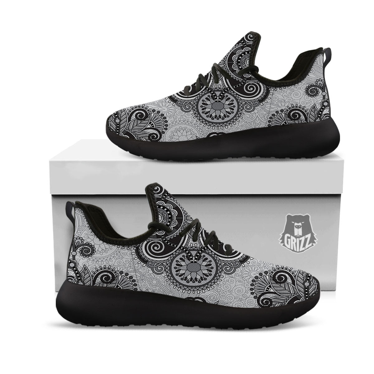 Western Floral Grey And Black Print Black Athletic Shoes-grizzshop