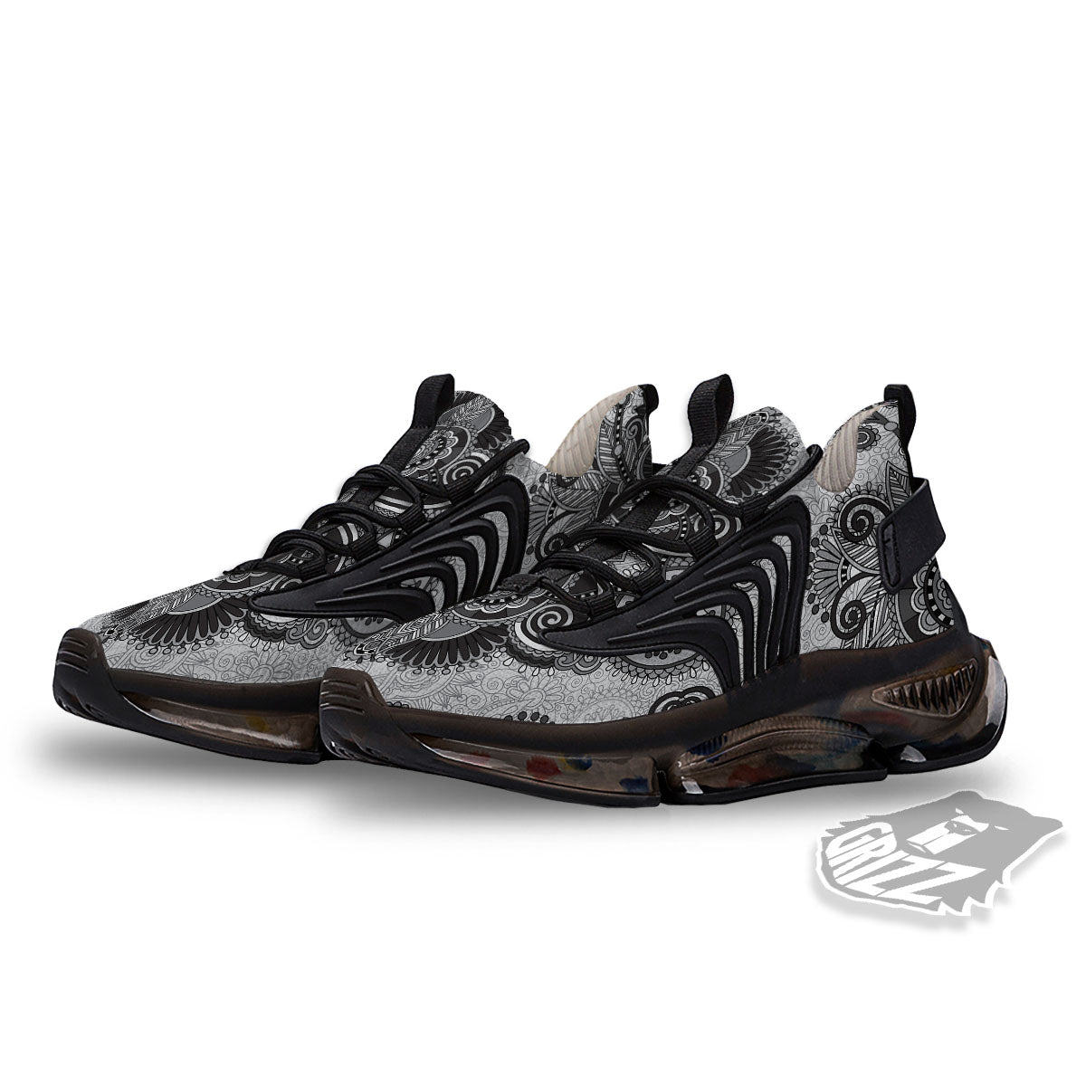 Western Floral Grey And Black Print Black Gym Shoes-grizzshop