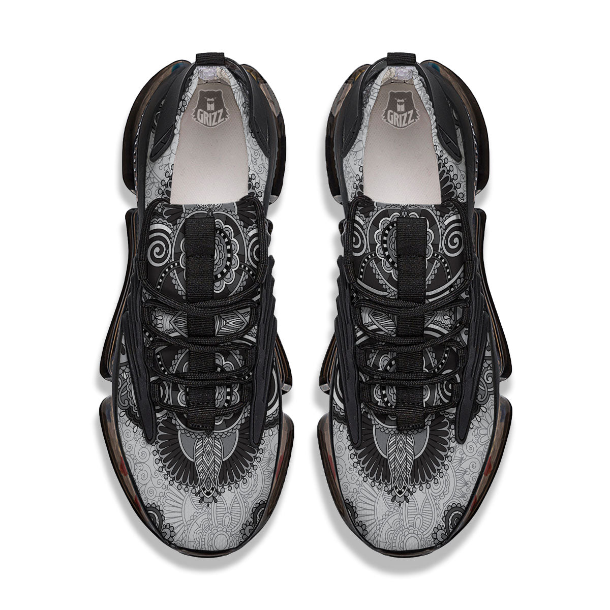 Western Floral Grey And Black Print Black Gym Shoes-grizzshop