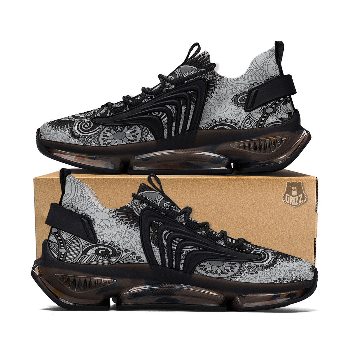 Western Floral Grey And Black Print Black Gym Shoes-grizzshop