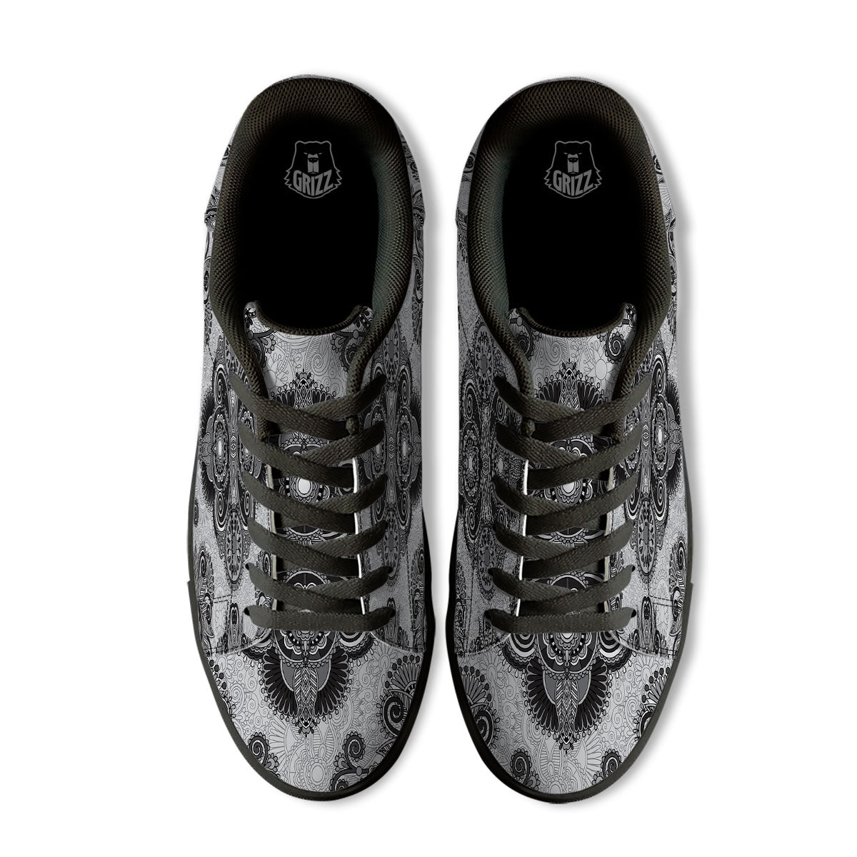 Western Floral Grey And Black Print Black Low Top Sneakers-grizzshop