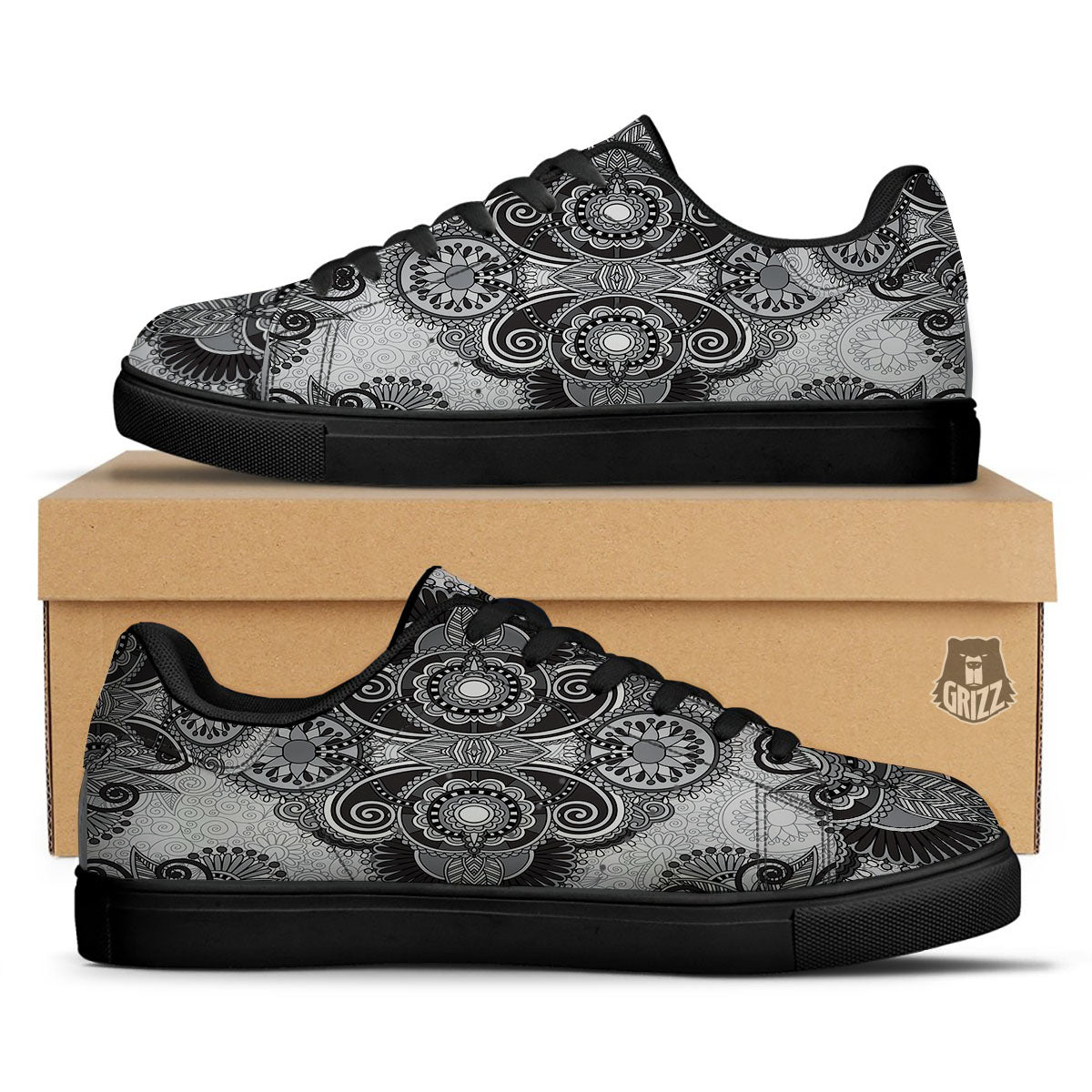 Western Floral Grey And Black Print Black Low Top Sneakers-grizzshop