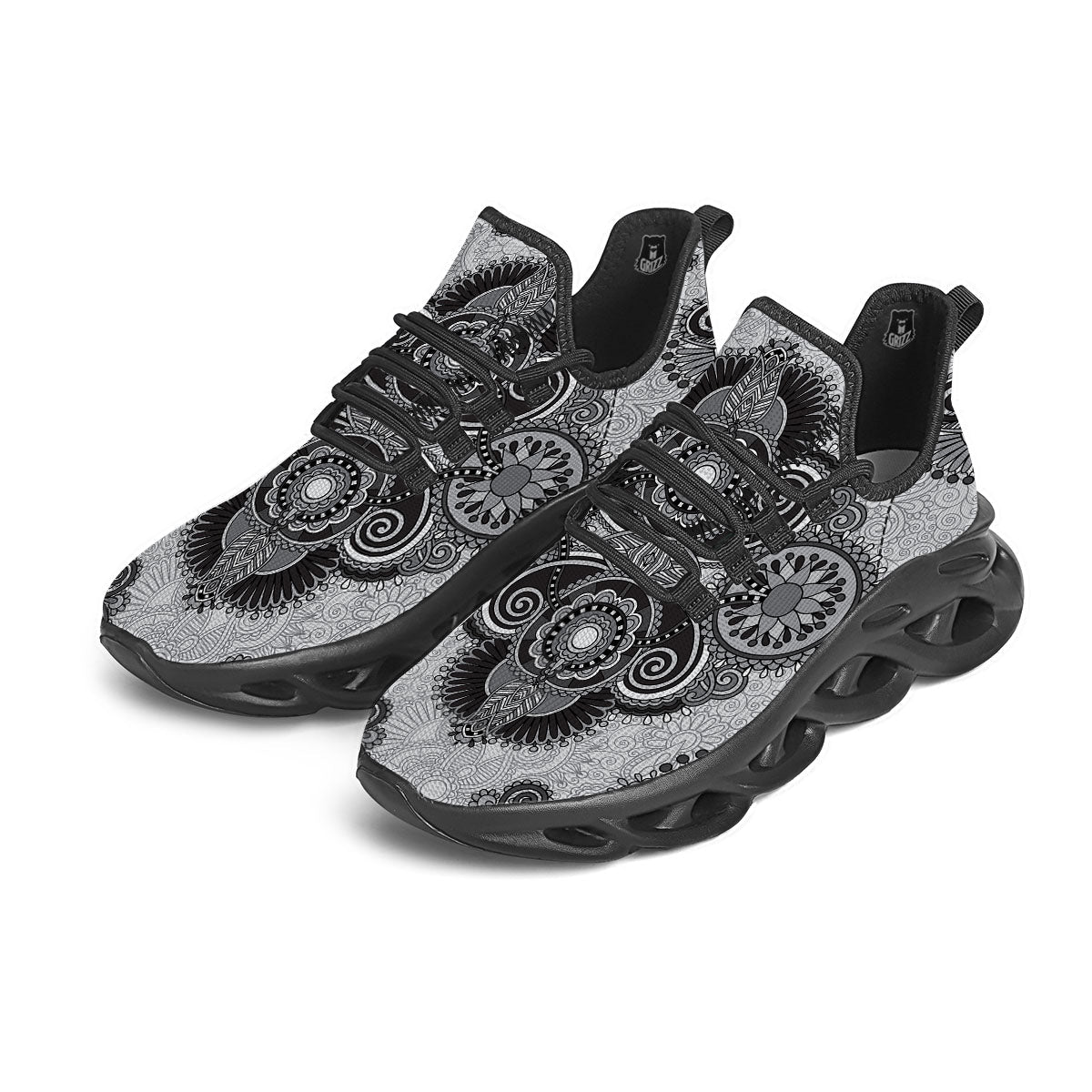 Western Floral Grey And Black Print Black Running Shoes-grizzshop