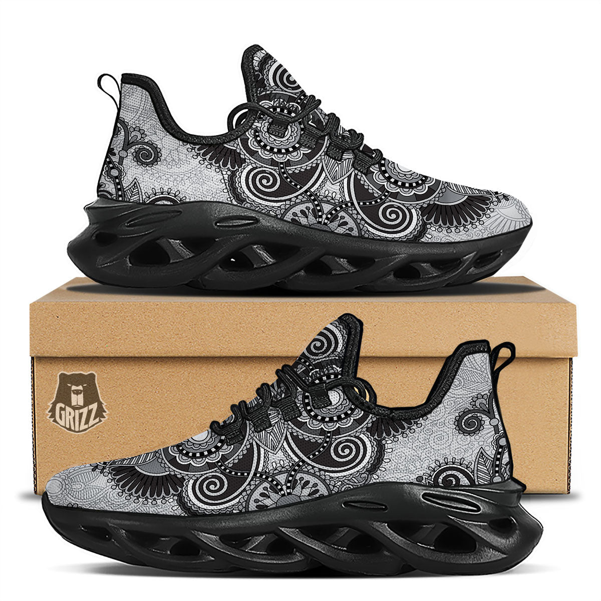 Western Floral Grey And Black Print Black Running Shoes-grizzshop