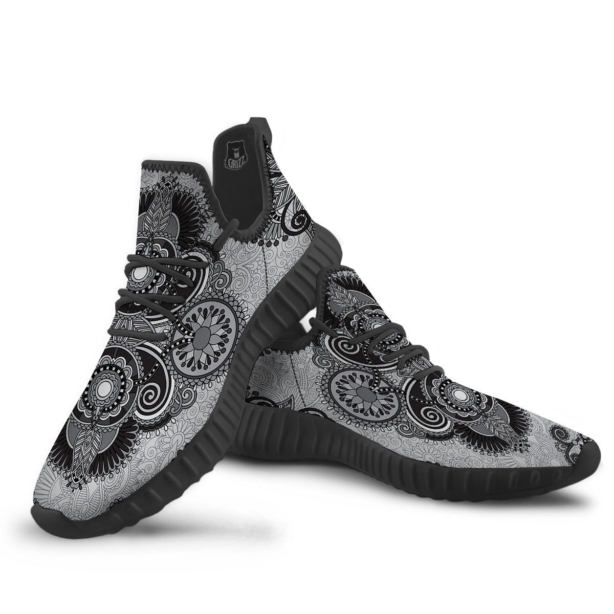 Western Floral Grey And Black Print Black Walking Shoes-grizzshop