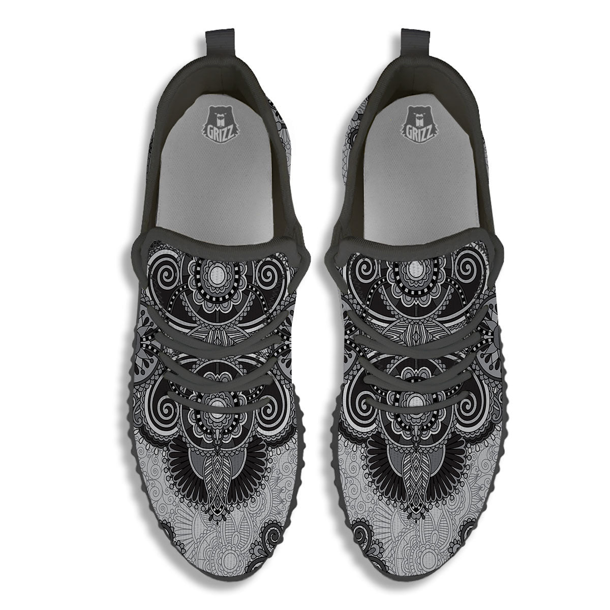 Western Floral Grey And Black Print Black Walking Shoes-grizzshop