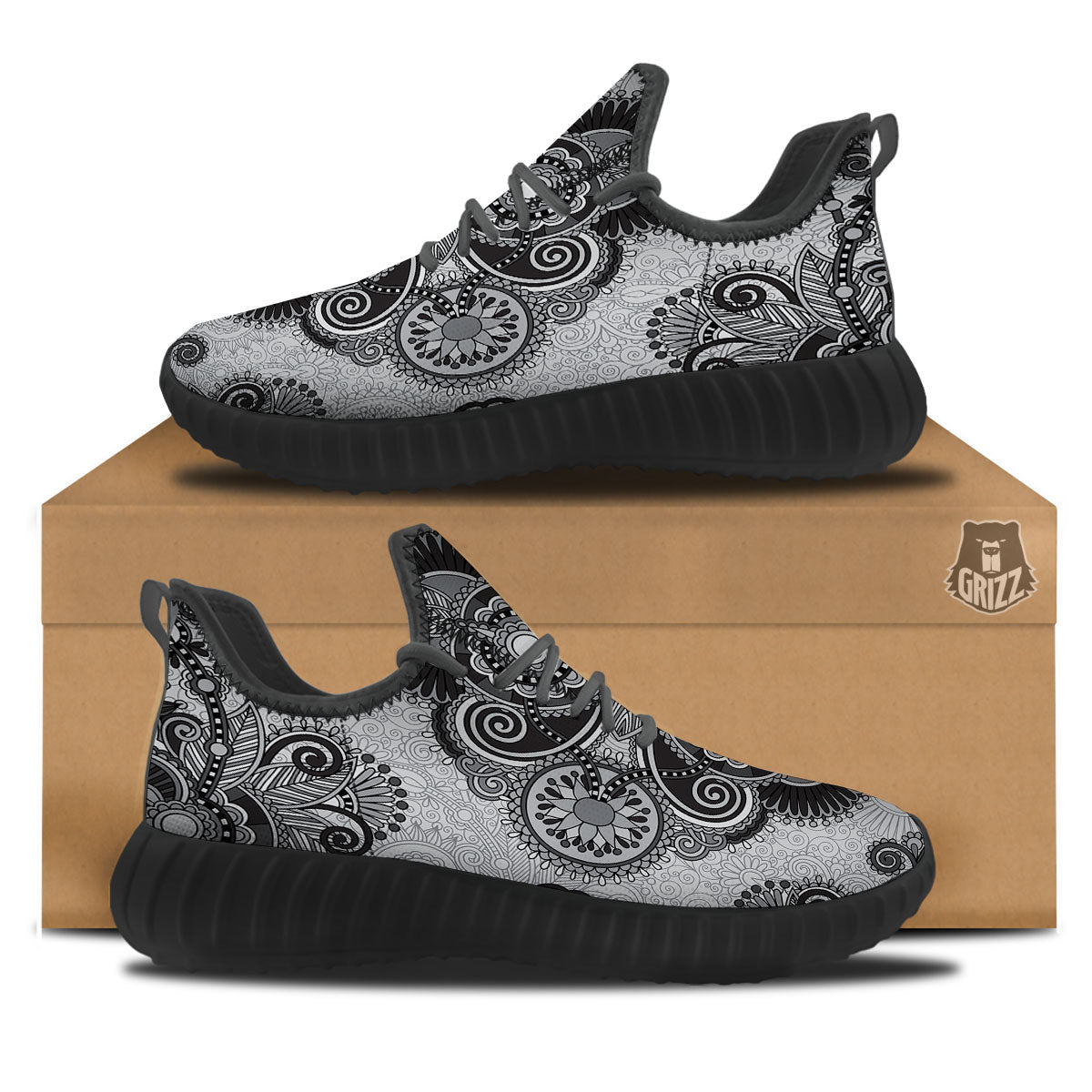 Western Floral Grey And Black Print Black Walking Shoes-grizzshop