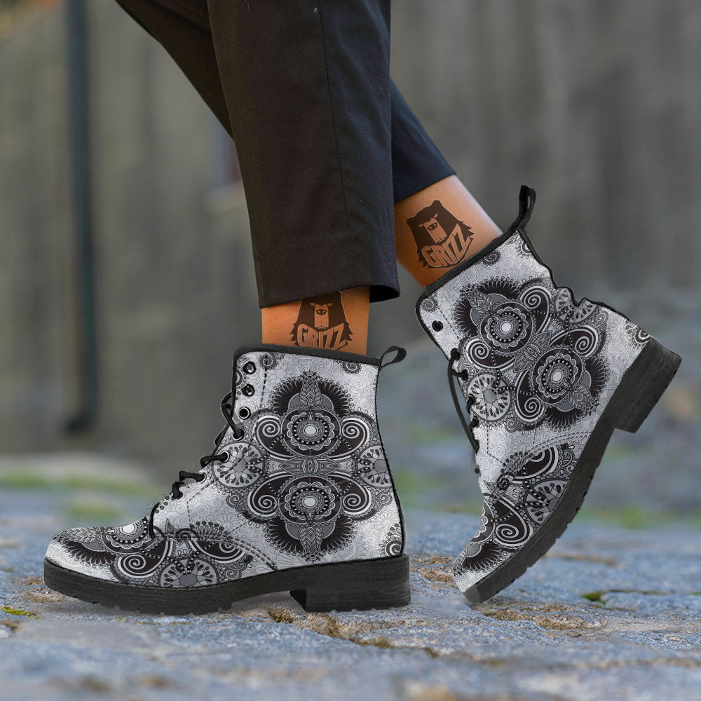 Western Floral Grey And Black Print Leather Boots-grizzshop