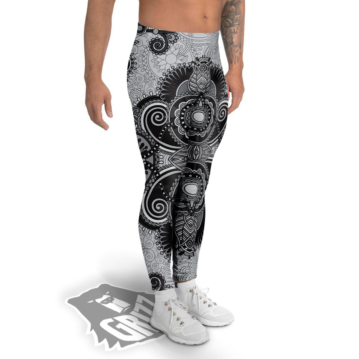 Western Floral Grey And Black Print Men's Leggings-grizzshop