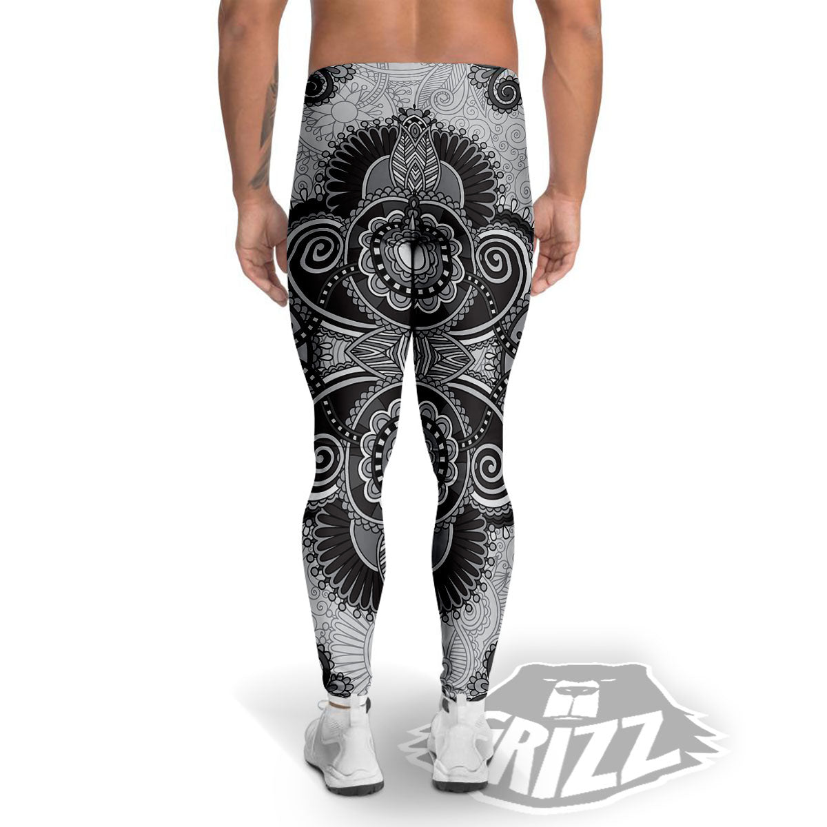 Western Floral Grey And Black Print Men's Leggings-grizzshop