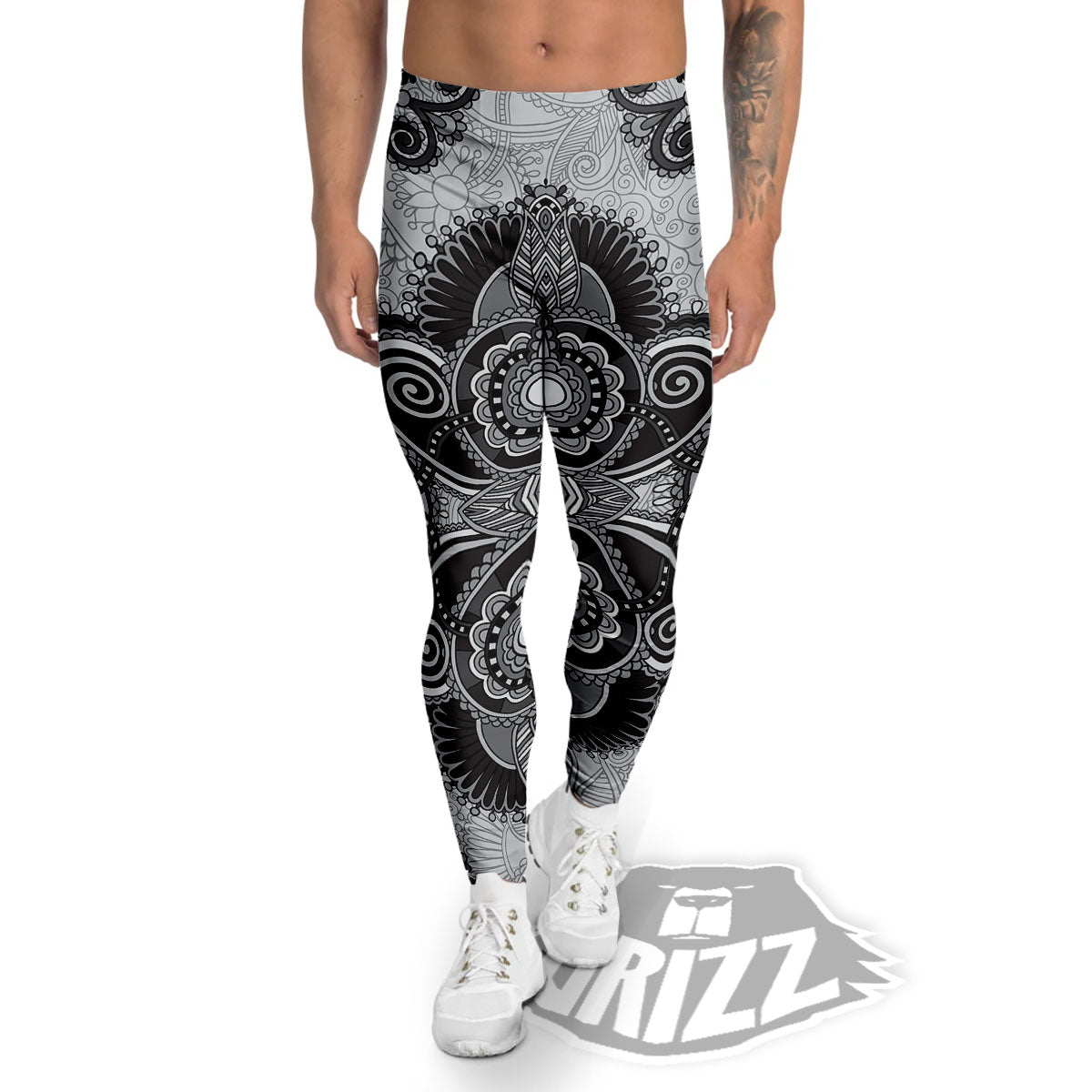 Western Floral Grey And Black Print Men's Leggings-grizzshop