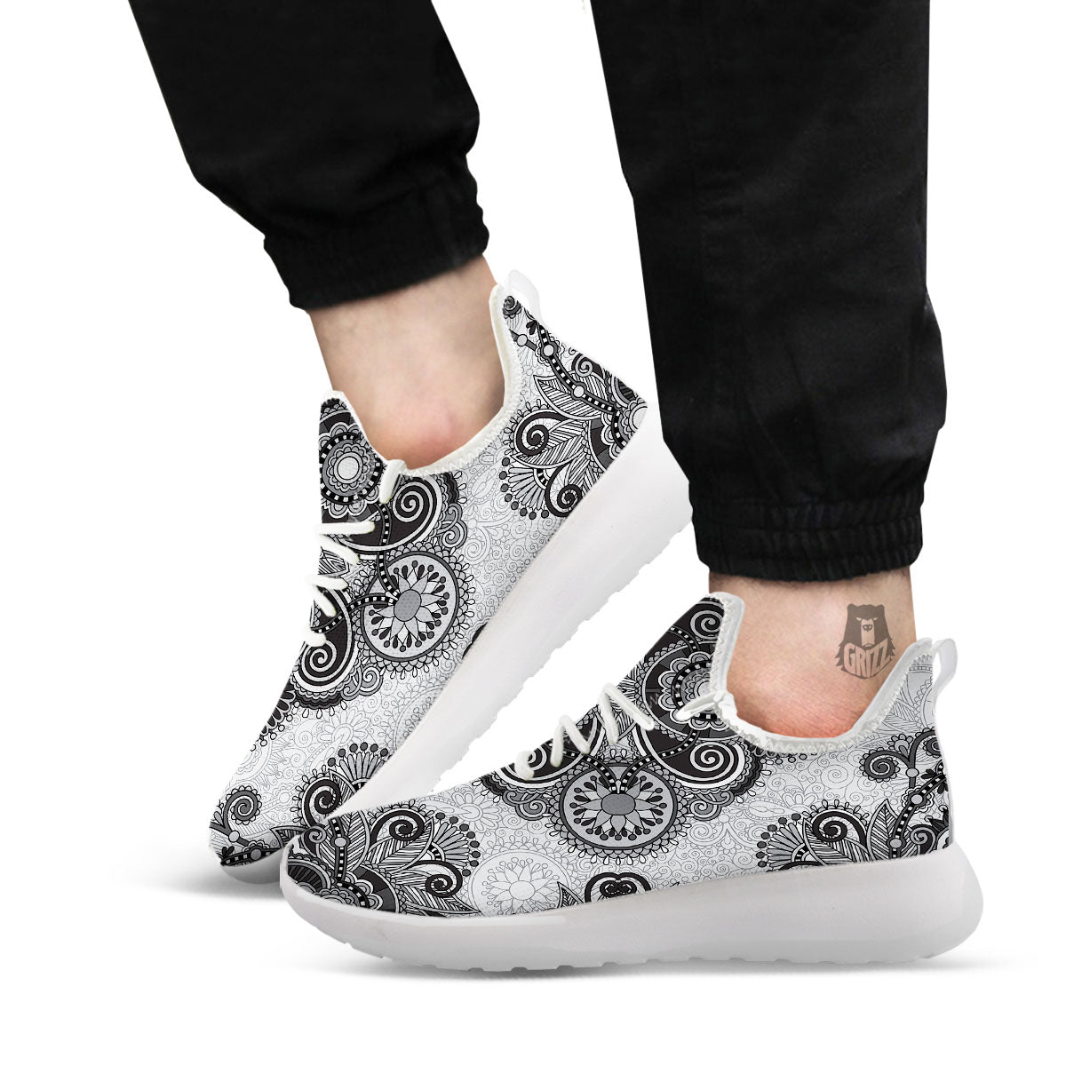 Western Floral Grey And Black Print White Athletic Shoes-grizzshop