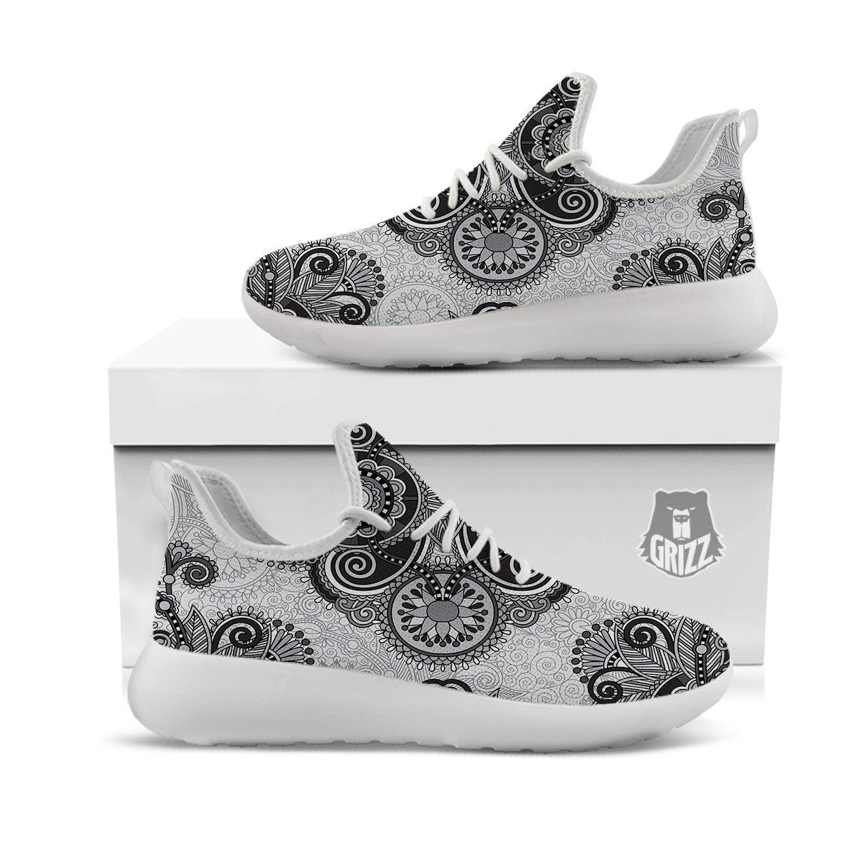 Western Floral Grey And Black Print White Athletic Shoes-grizzshop