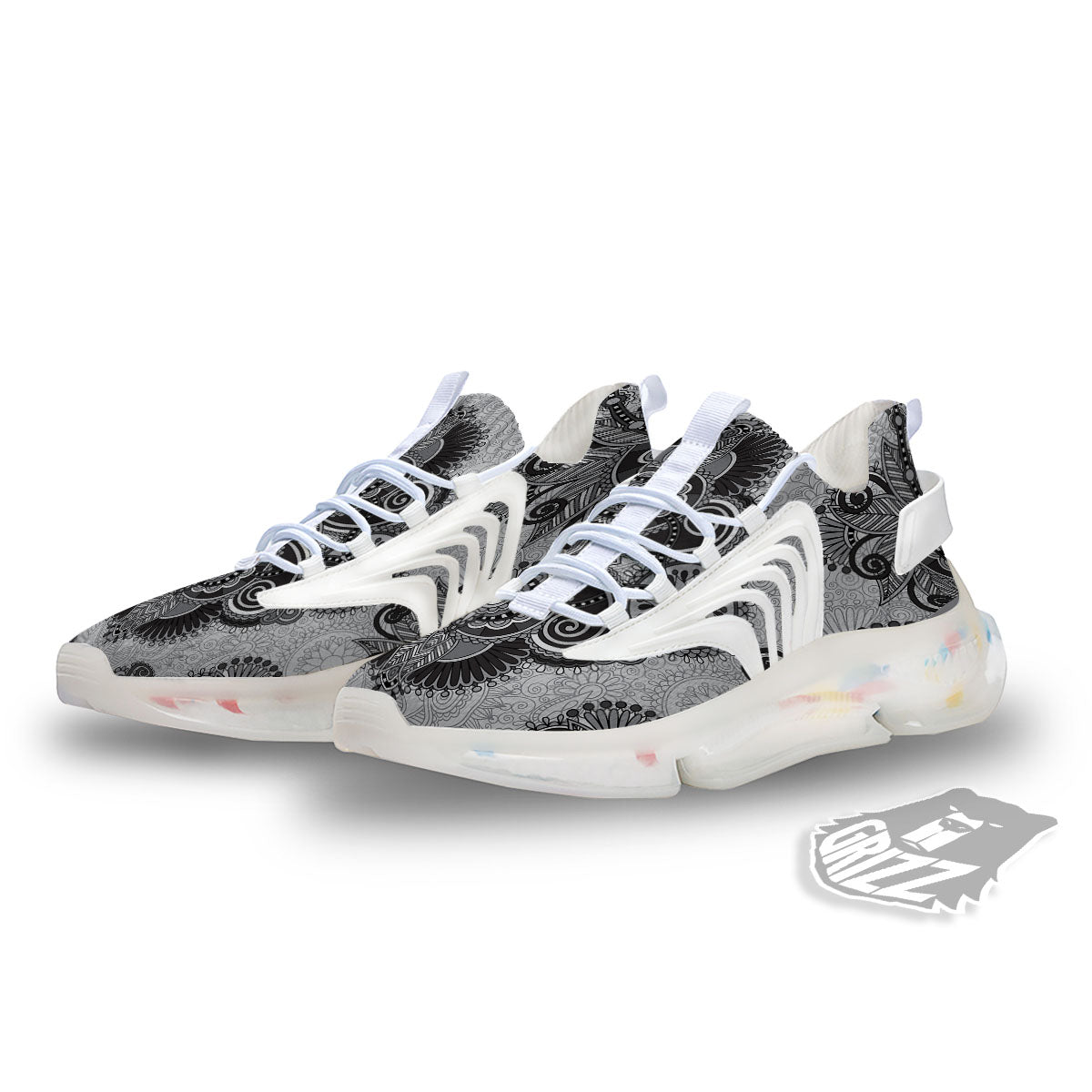 Western Floral Grey And Black Print White Gym Shoes-grizzshop