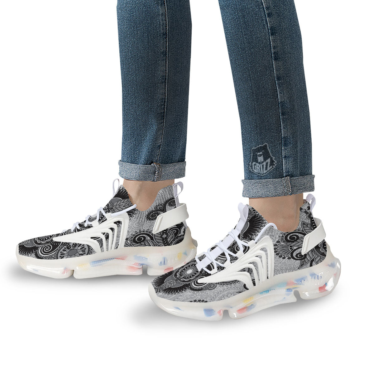 Western Floral Grey And Black Print White Gym Shoes-grizzshop