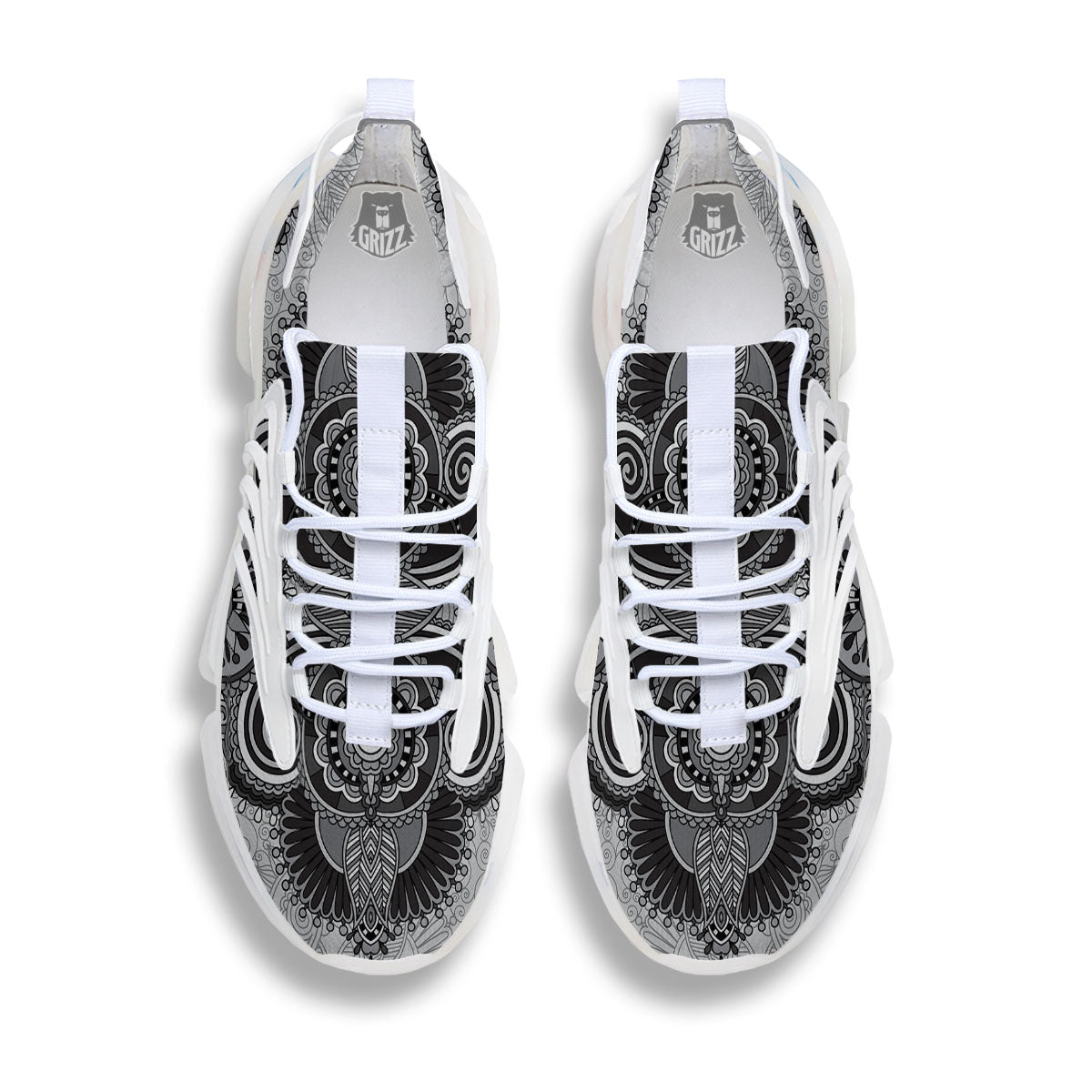 Western Floral Grey And Black Print White Gym Shoes-grizzshop