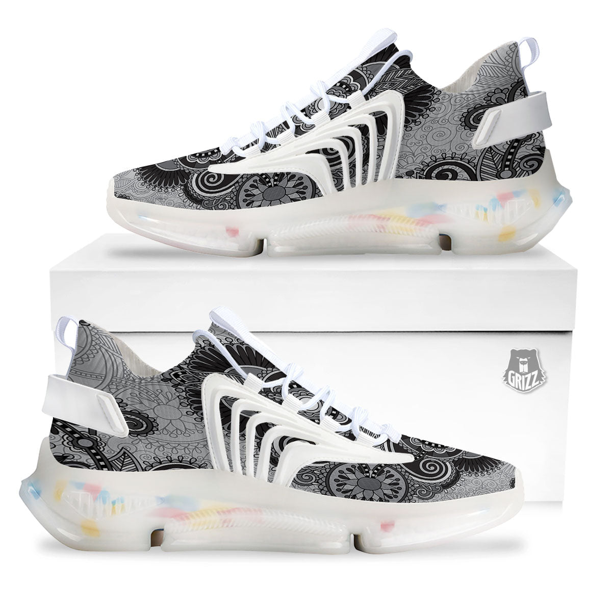 Western Floral Grey And Black Print White Gym Shoes-grizzshop