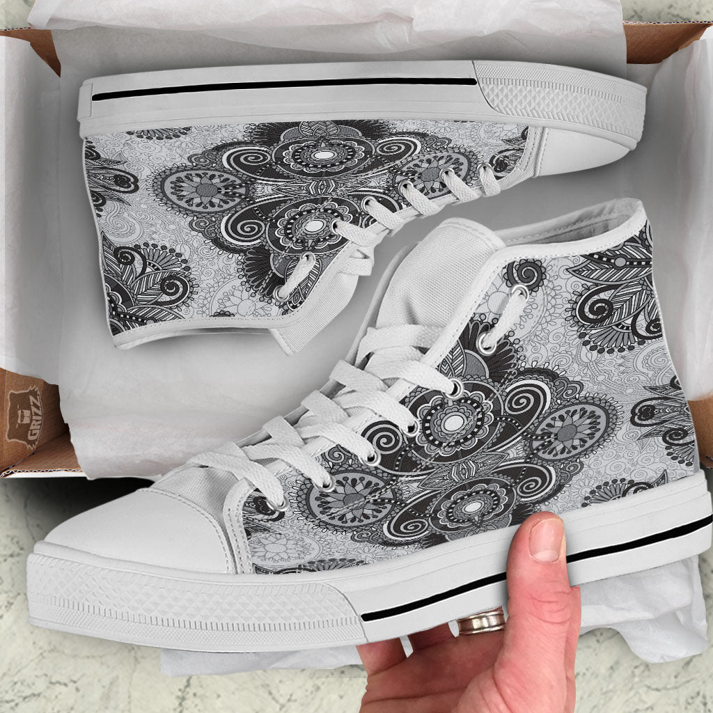 Western Floral Grey And Black Print White High Top Shoes-grizzshop