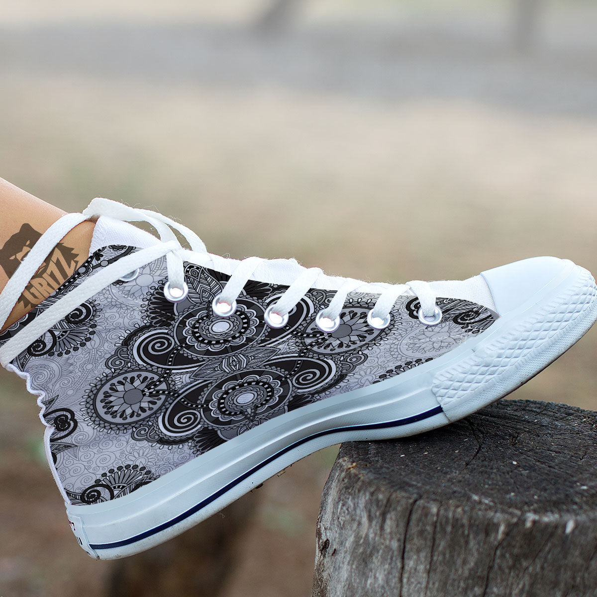Western Floral Grey And Black Print White High Top Shoes-grizzshop