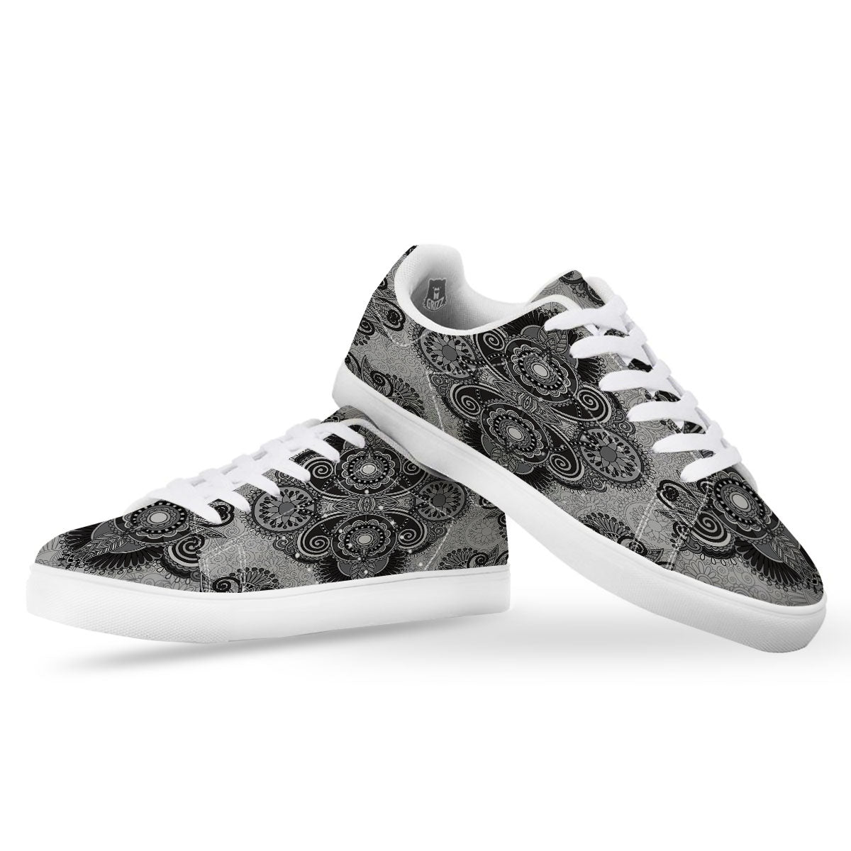Western Floral Grey And Black Print White Low Top Sneakers-grizzshop