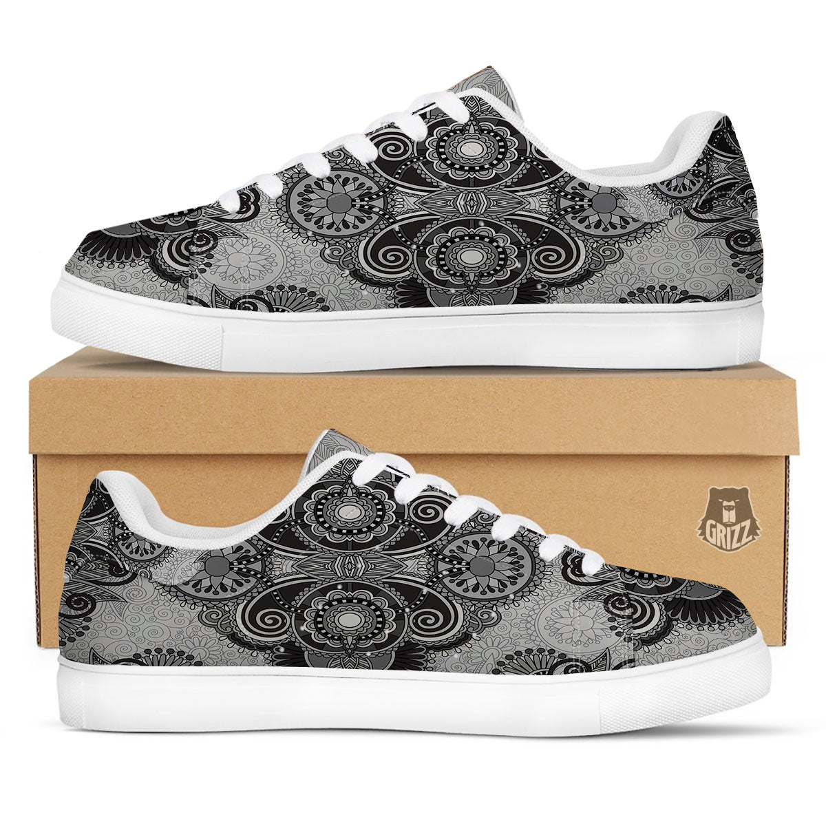 Western Floral Grey And Black Print White Low Top Sneakers-grizzshop