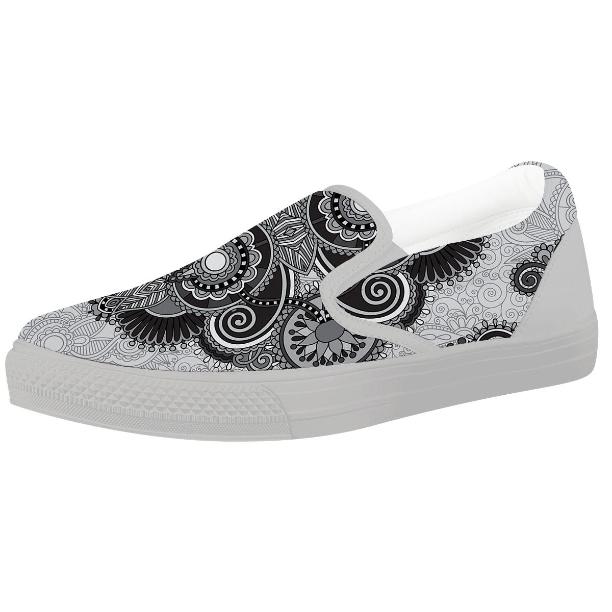 Western Floral Grey And Black Print White Slip On Shoes-grizzshop