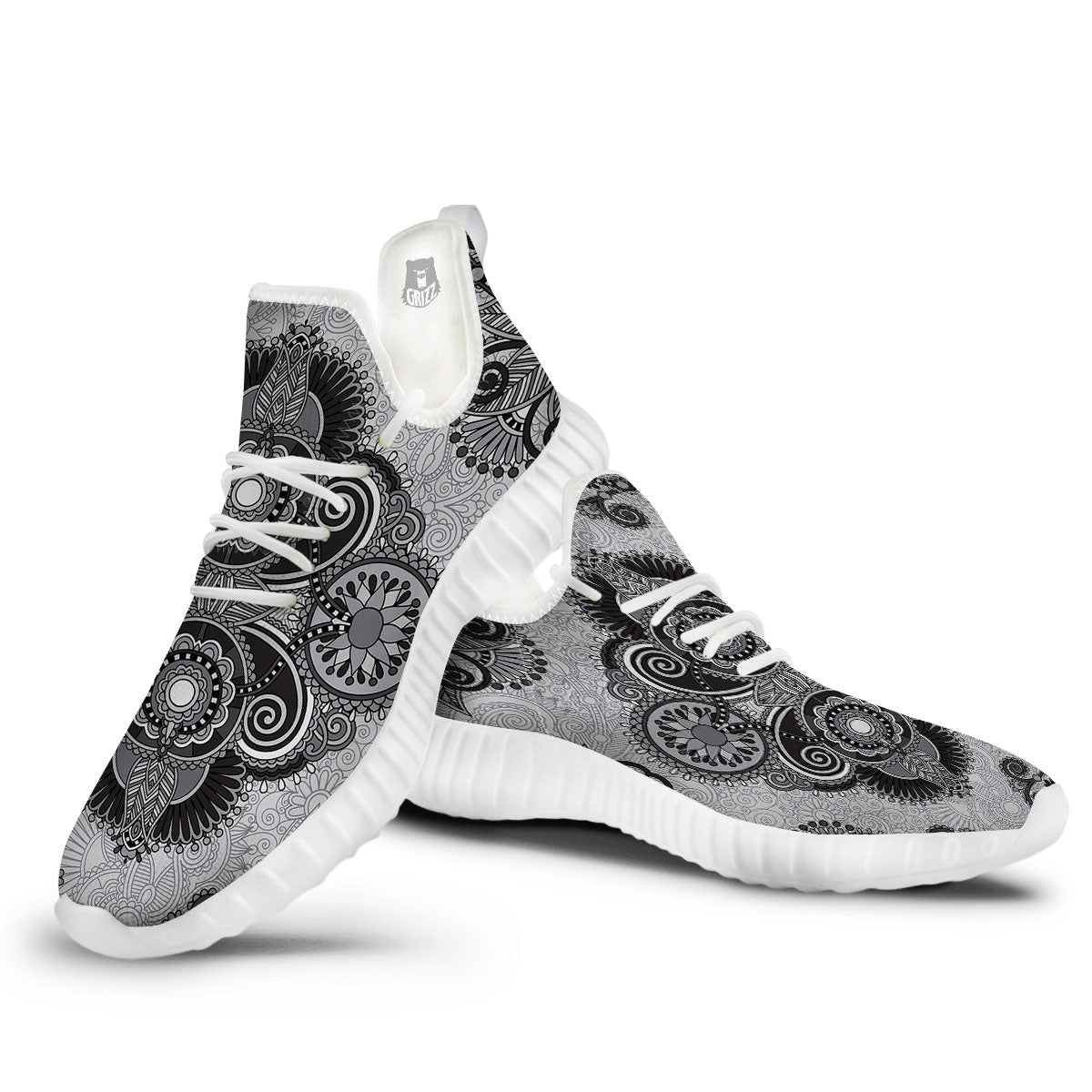Western Floral Grey And Black Print White Walking Shoes-grizzshop