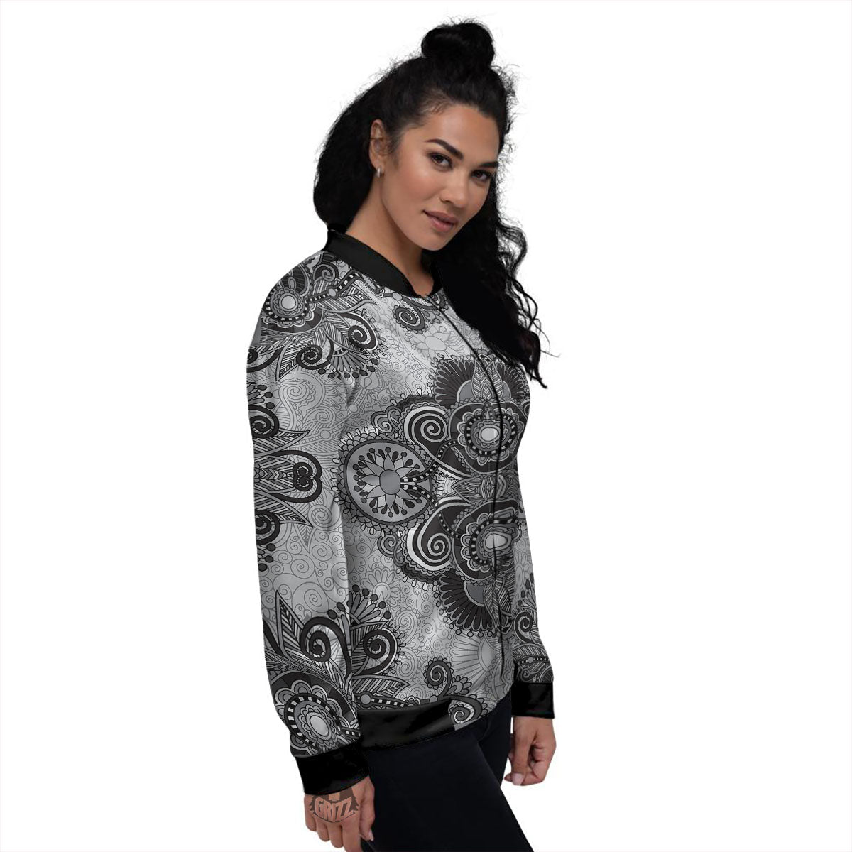 Western Floral Grey And Black Print Women's Bomber Jacket-grizzshop