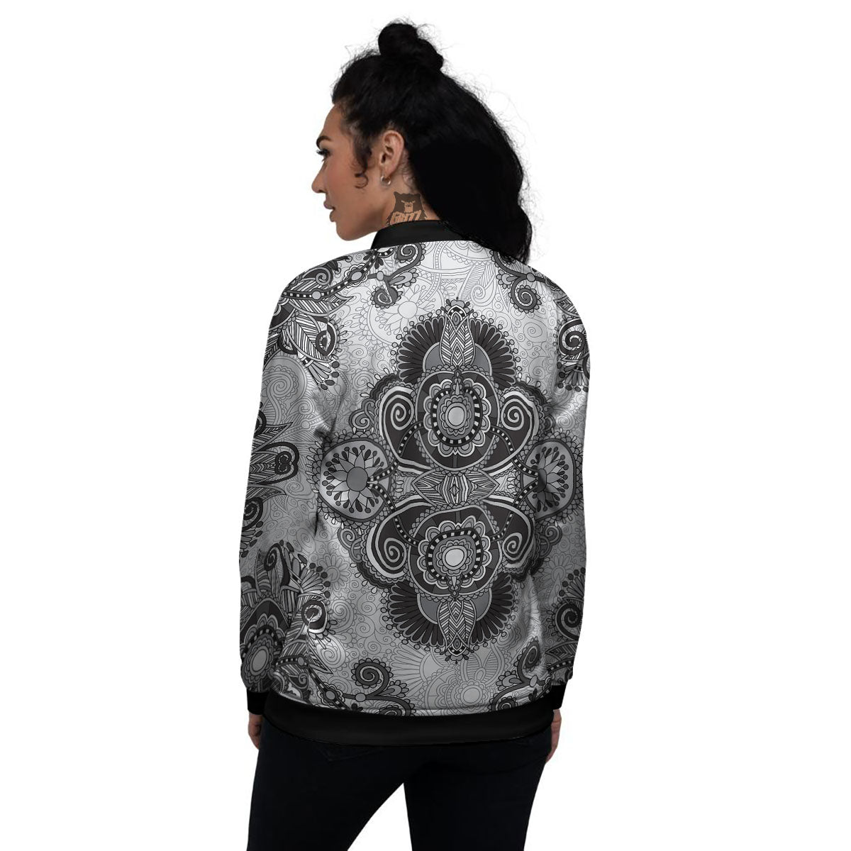 Western Floral Grey And Black Print Women's Bomber Jacket-grizzshop