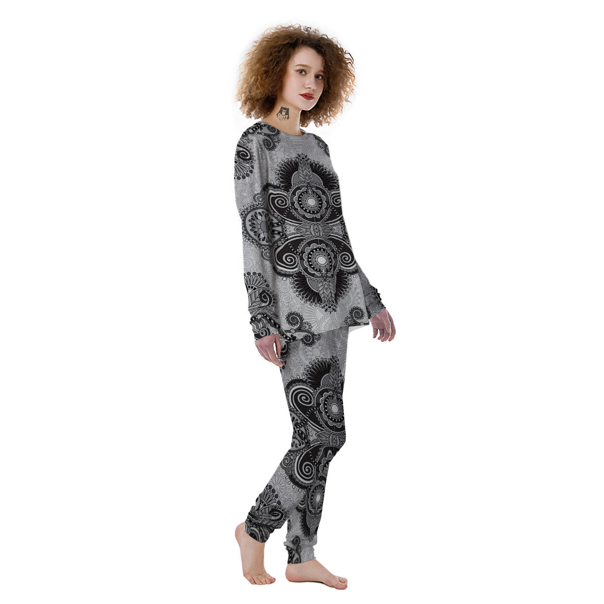 Western Floral Grey And Black Print Women's Pajamas-grizzshop