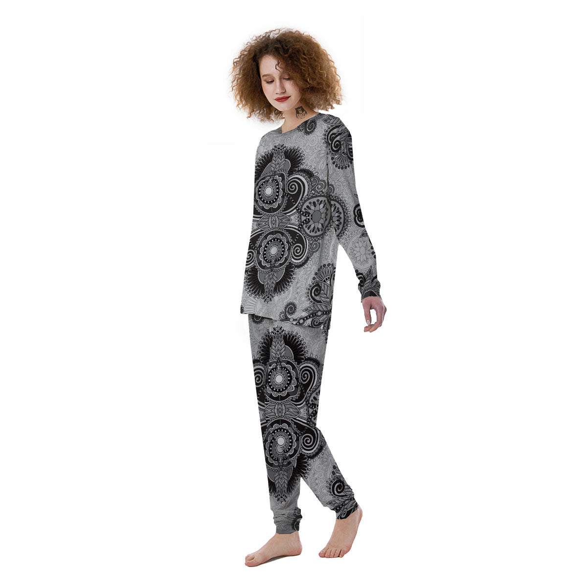 Western Floral Grey And Black Print Women's Pajamas-grizzshop