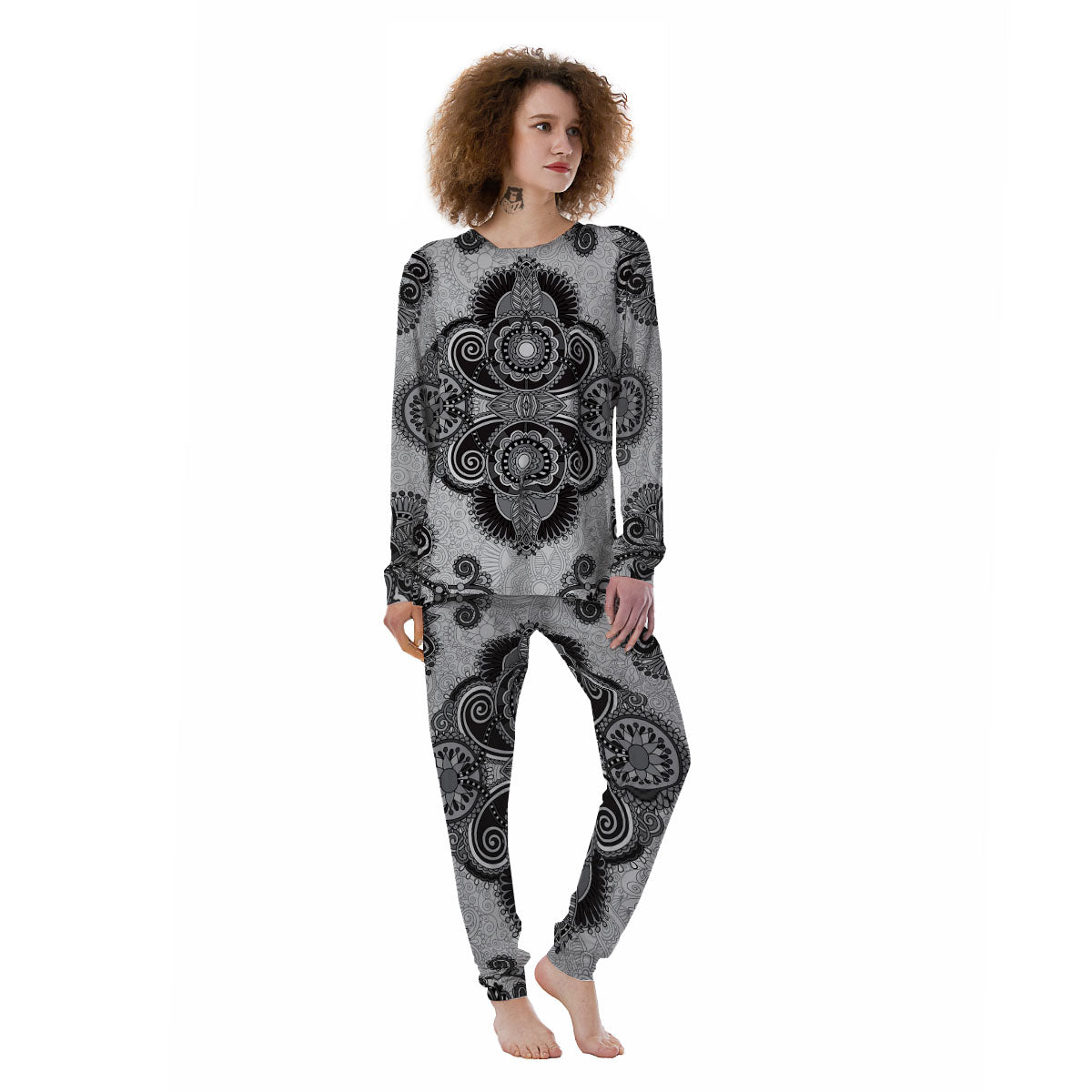 Western Floral Grey And Black Print Women's Pajamas-grizzshop