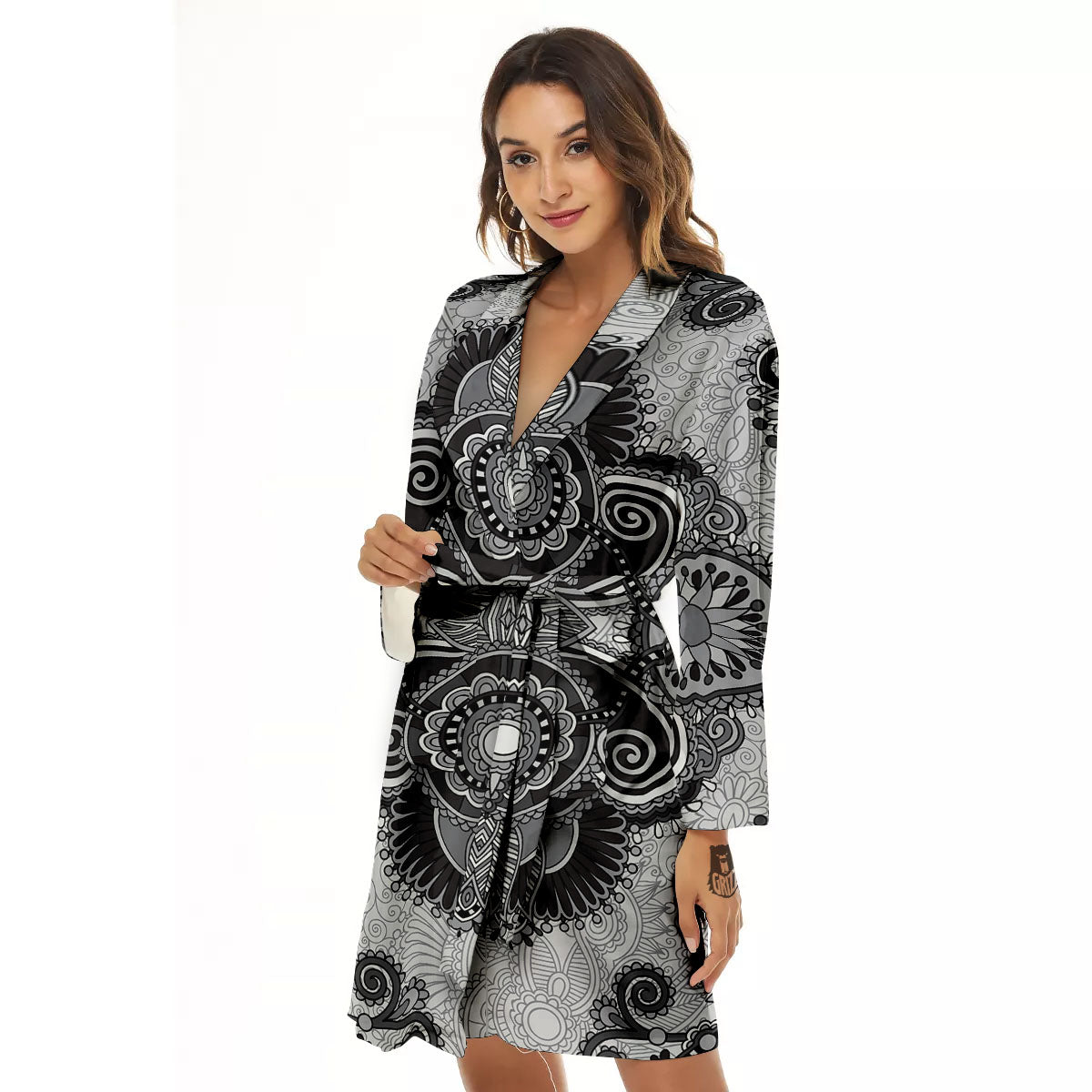 Western Floral Grey And Black Print Women's Robe-grizzshop