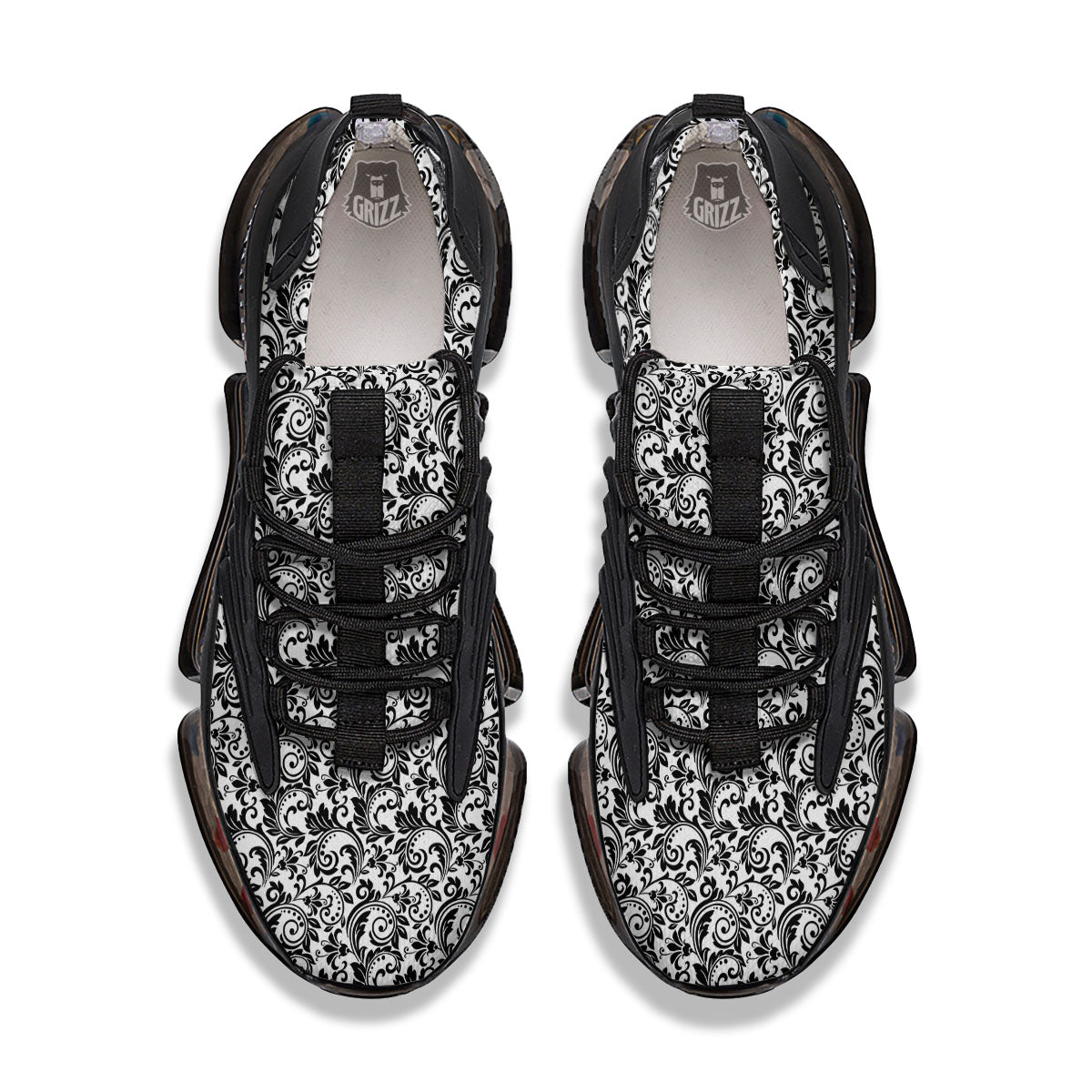 Western Flower White And Black Print Black Gym Shoes-grizzshop