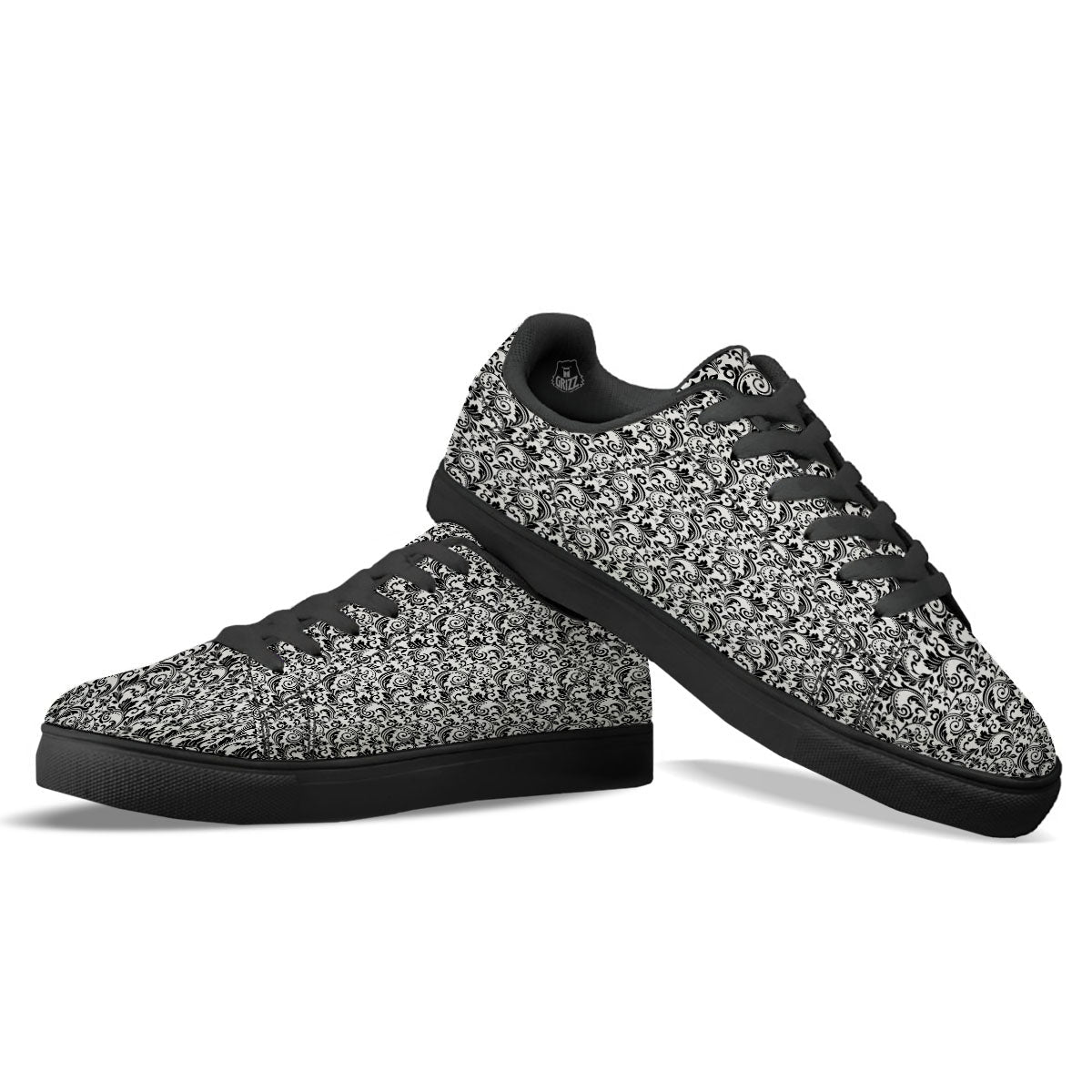 Western Flower White And Black Print Black Low Top Sneakers-grizzshop