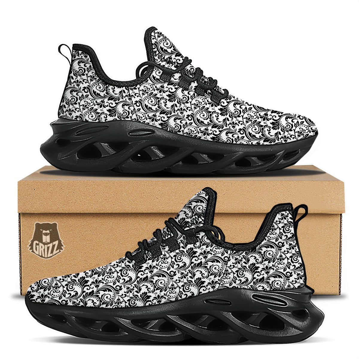 Western Flower White And Black Print Black Running Shoes-grizzshop