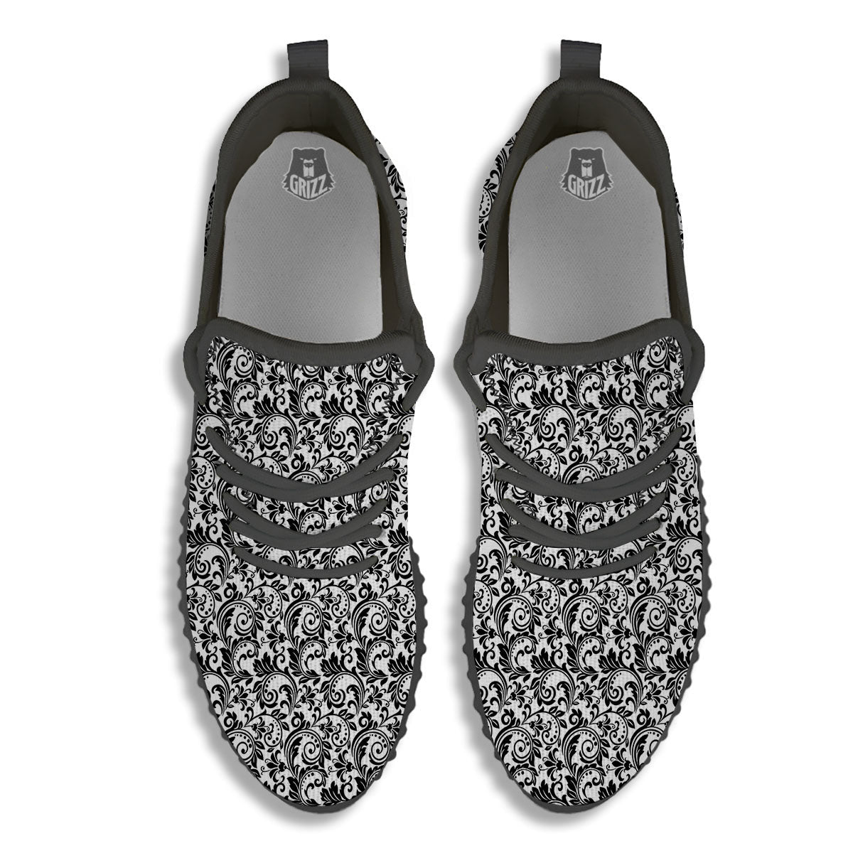 Western Flower White And Black Print Black Walking Shoes-grizzshop