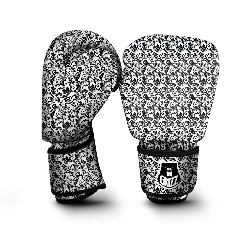 Western Flower White And Black Print Boxing Gloves-grizzshop