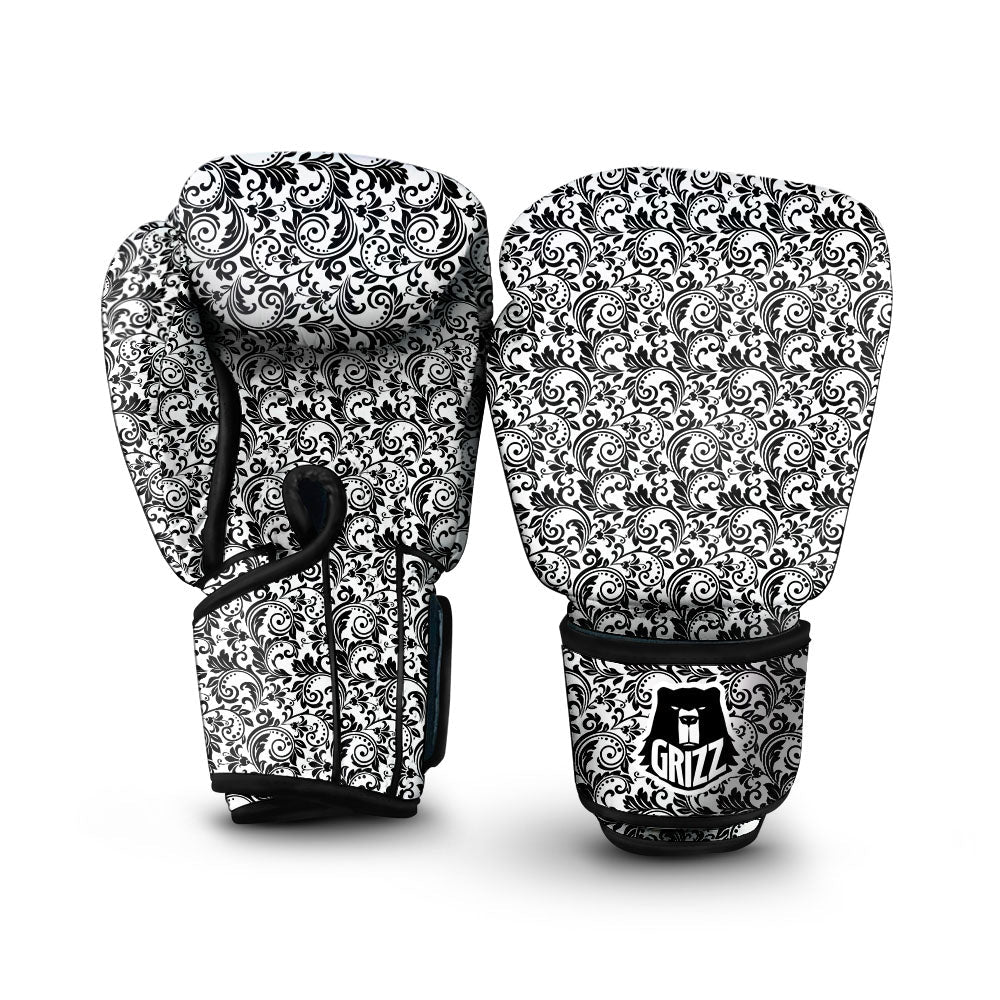 Western Flower White And Black Print Boxing Gloves-grizzshop