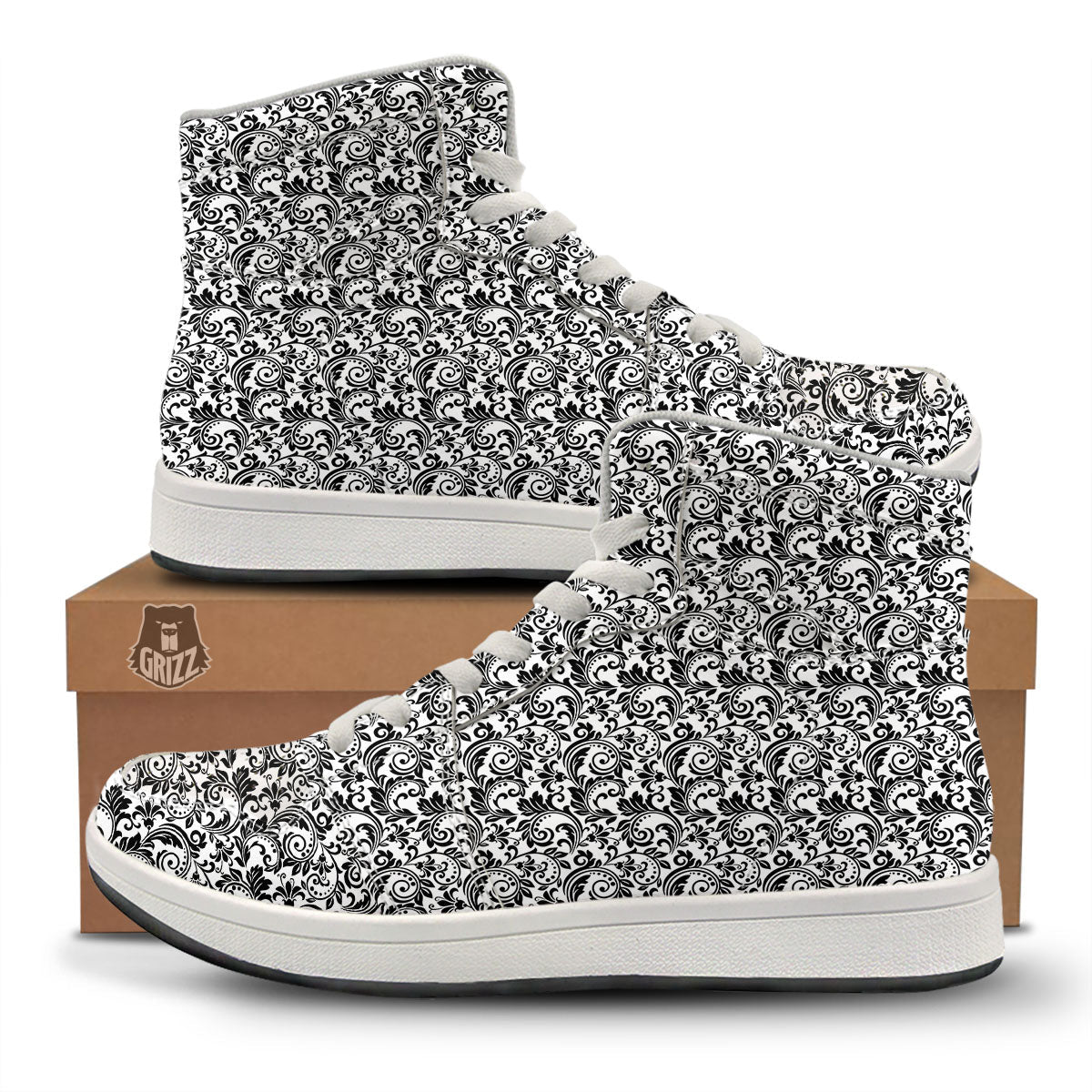 Western Flower White And Black Print High Top Sneakers-grizzshop
