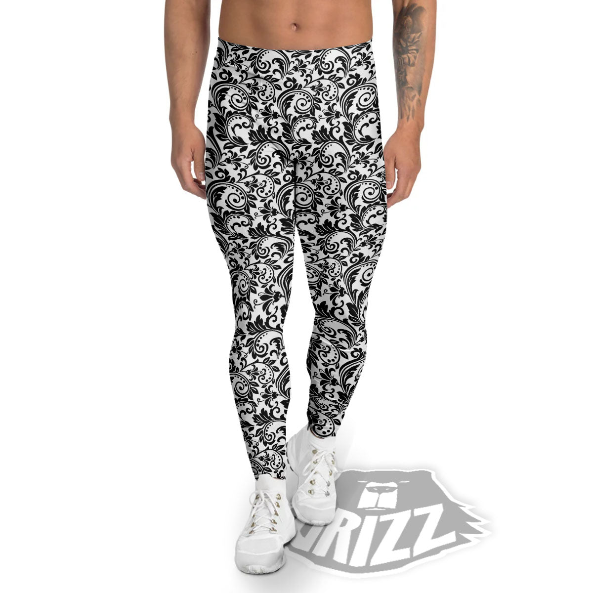 Western Flower White And Black Print Men's Leggings-grizzshop