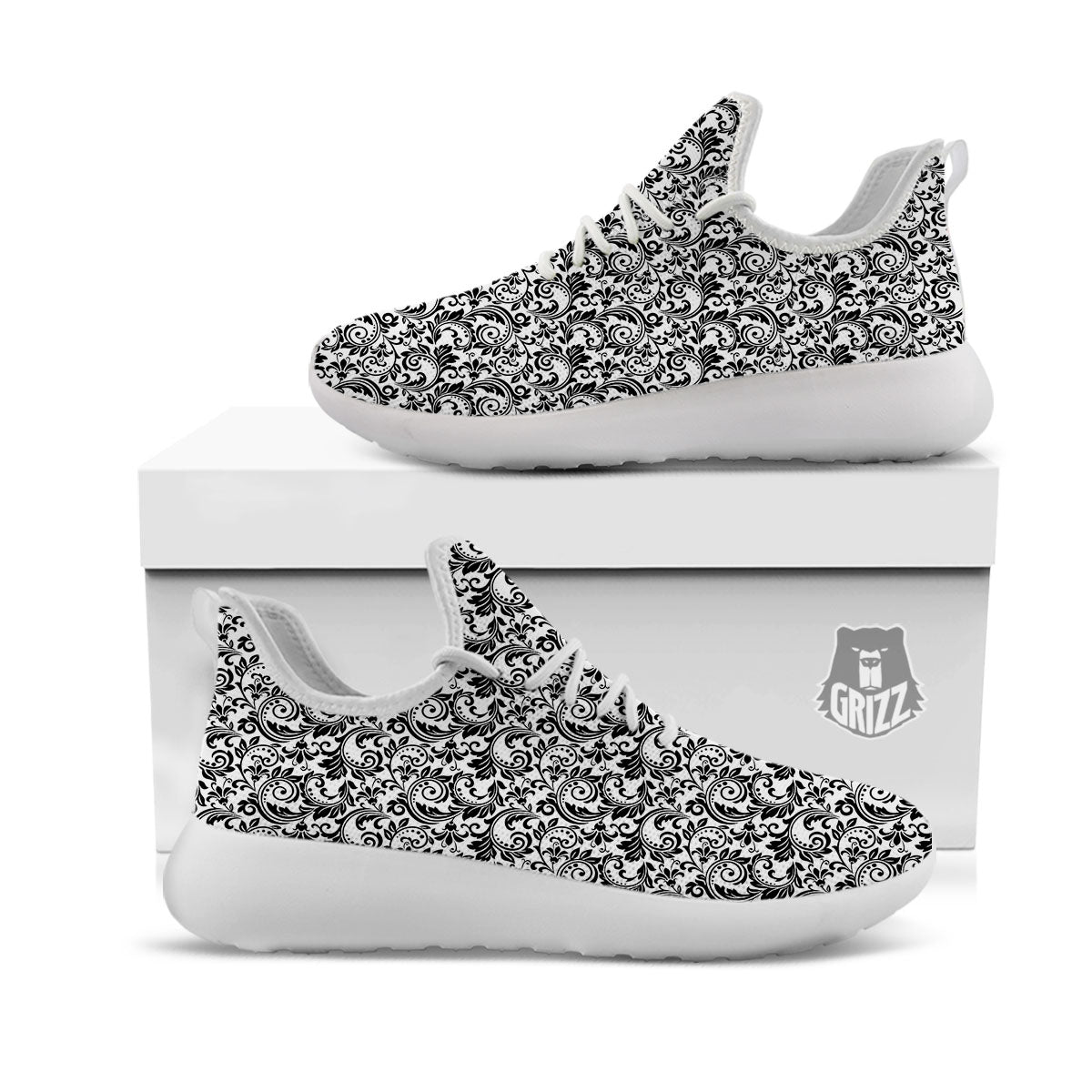 Western Flower White And Black Print White Athletic Shoes-grizzshop